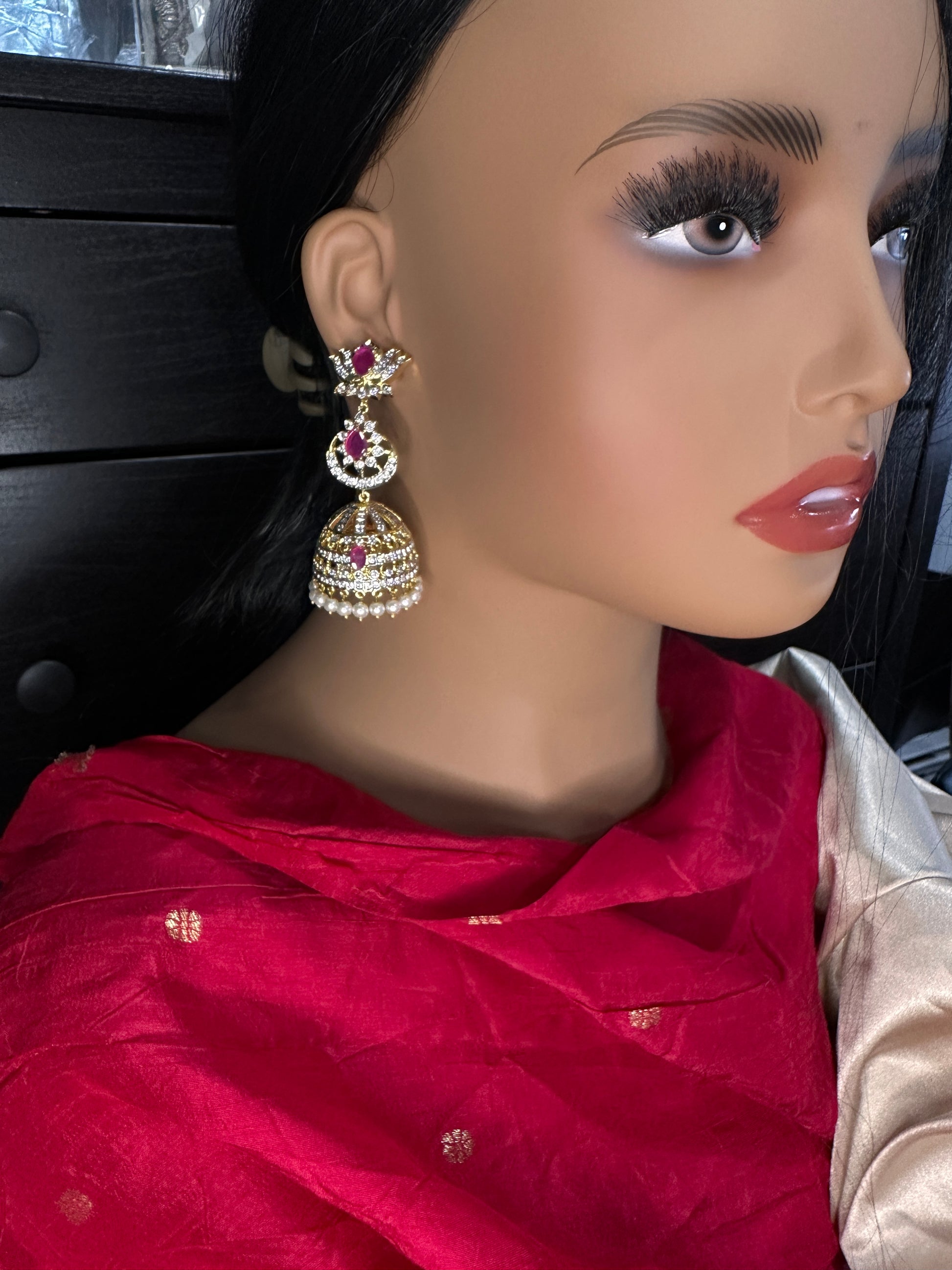 AD  Lotus Color Stone Big Size Statement Earrings - Red