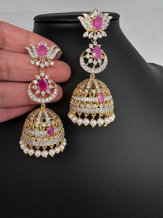 AD  Lotus Color Stone Big Size Statement Earrings - Red