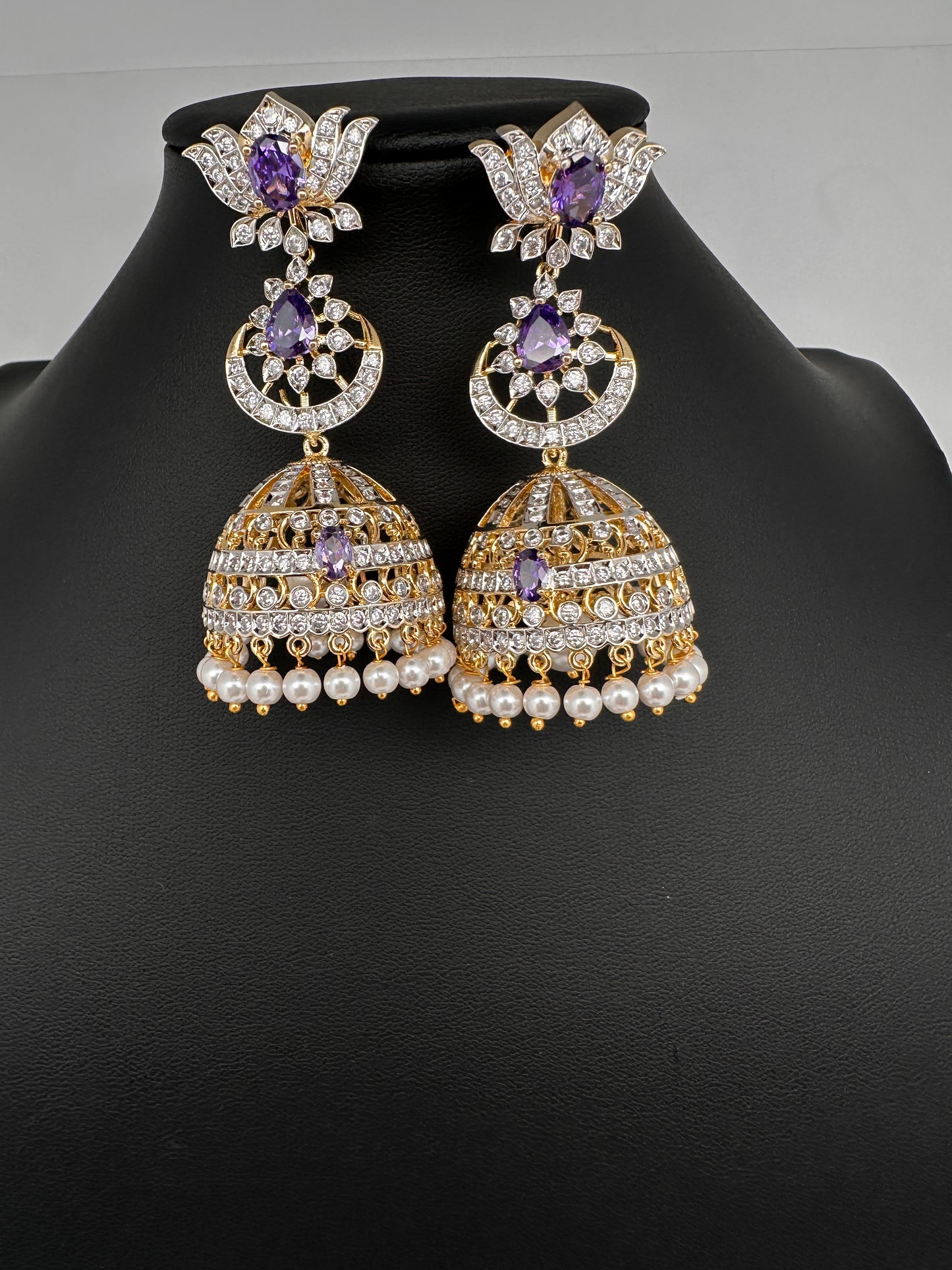 AD  Lotus Color Stone Big Size Statement Earrings - Purple