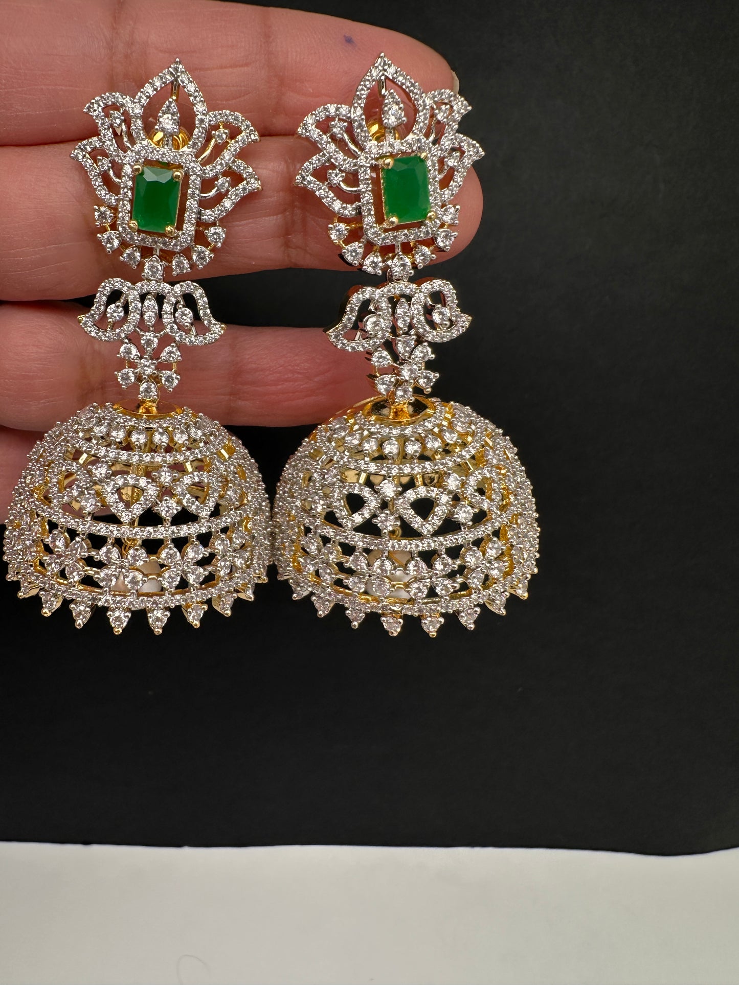 AD Color Stone Big Size Statement Earrings - Green