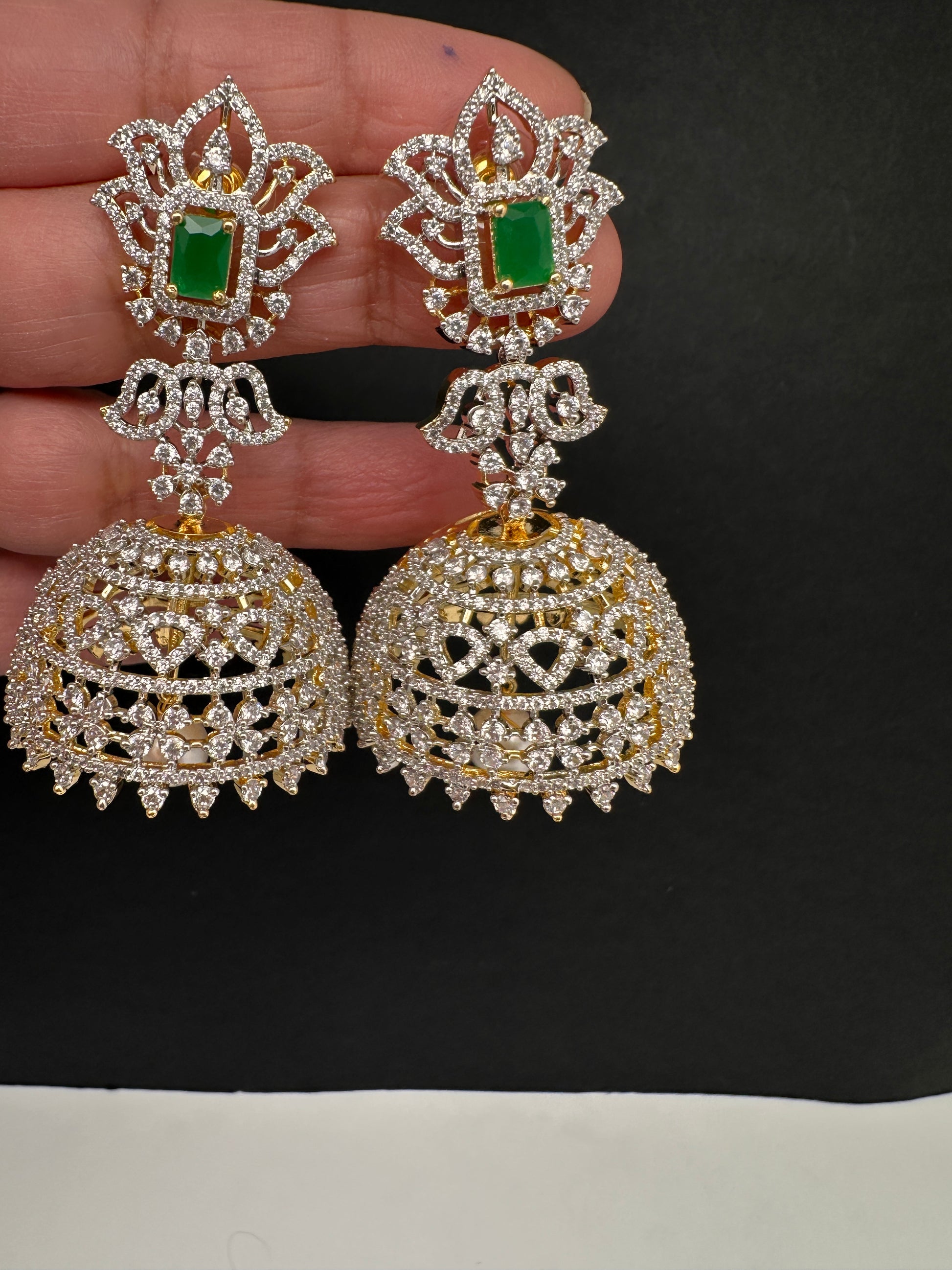 AD Color Stone Big Size Statement Earrings - Green