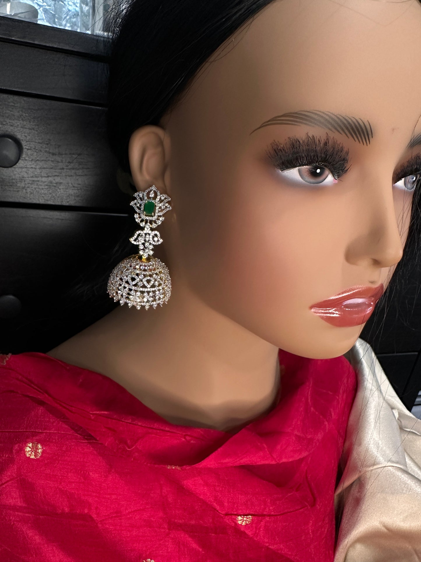 AD Color Stone Big Size Statement Earrings - Green