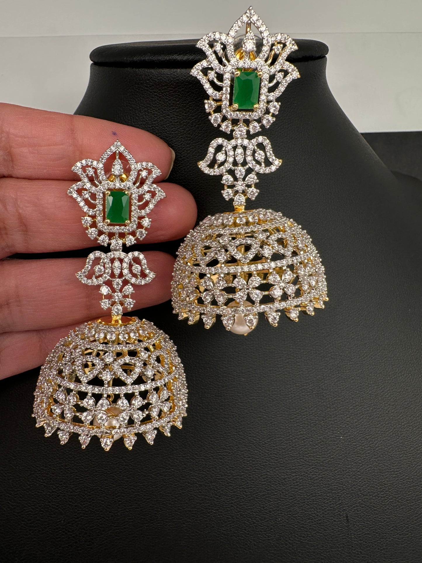 AD Color Stone Big Size Statement Earrings - Green