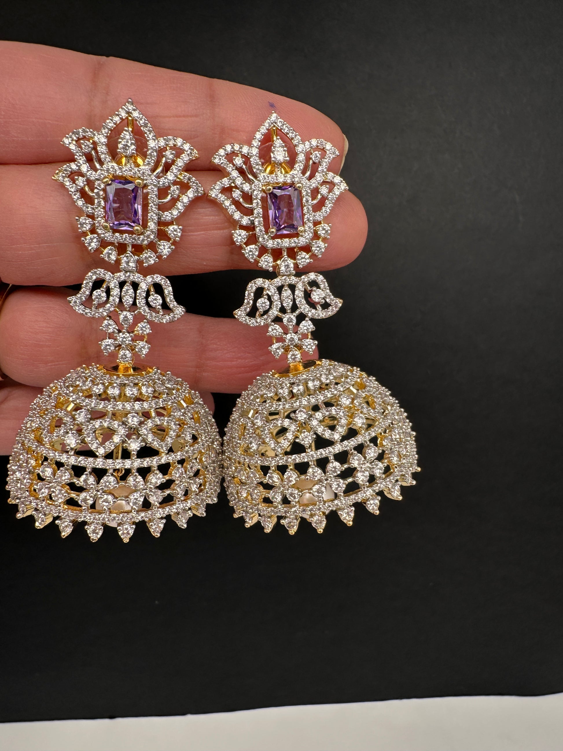 AD Color Stone Big Size Statement Earrings - Purple