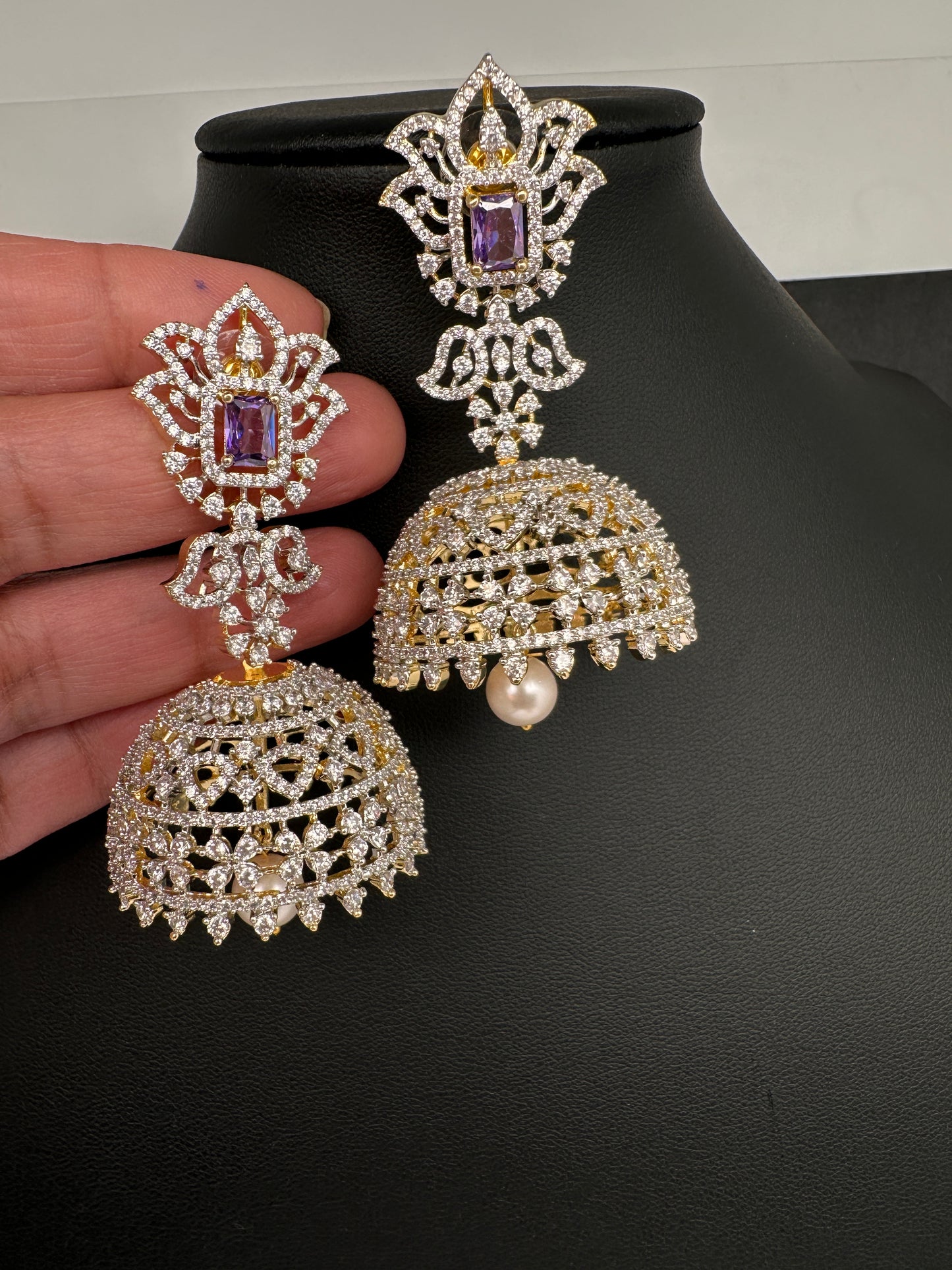 AD Color Stone Big Size Statement Earrings - Purple