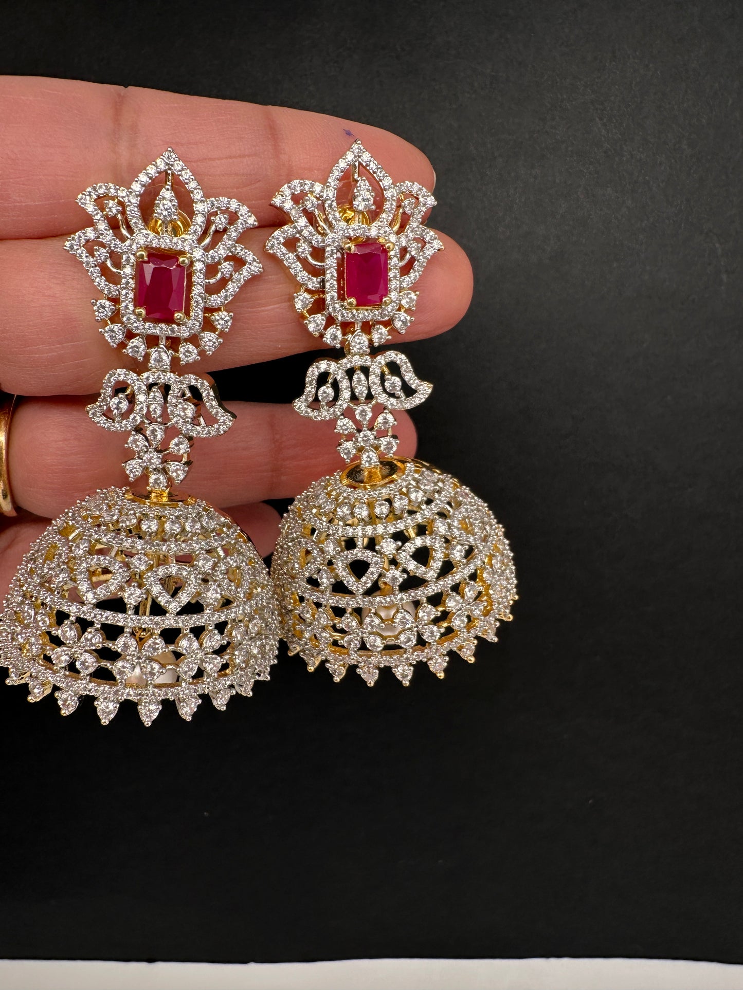 AD Color Stone Big Size Statement Earrings - Red
