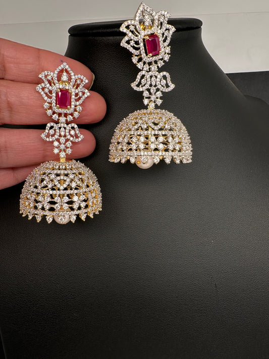 AD Color Stone Big Size Statement Earrings - Red