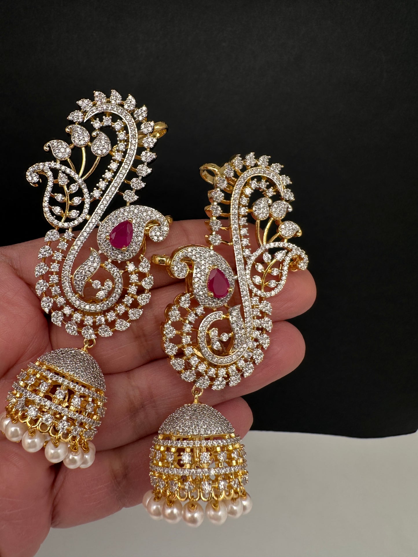 AD Color Stone Ear Cuffs Statement Earrings - Red