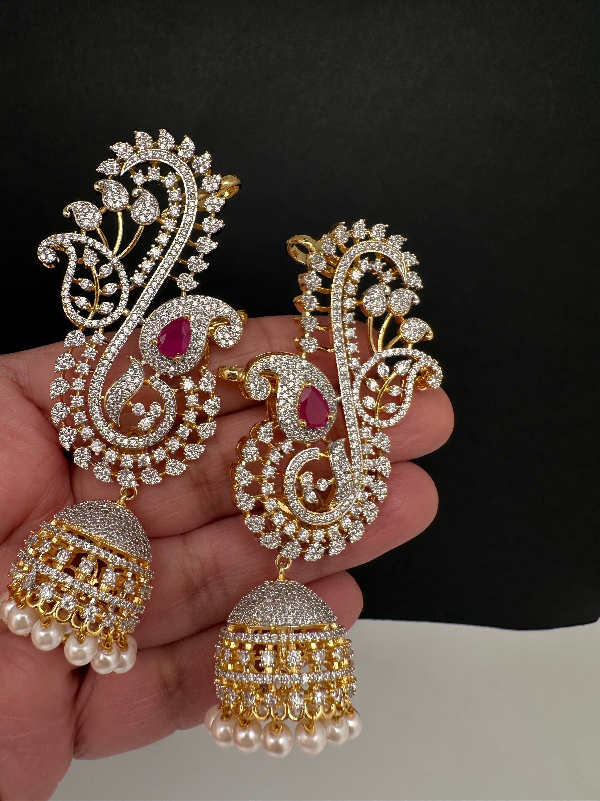 AD Color Stone Ear Cuffs Statement Earrings - Red