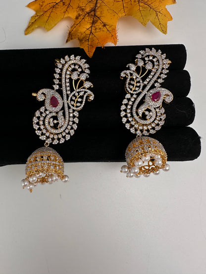 AD Color Stone Ear Cuffs Statement Earrings - Red