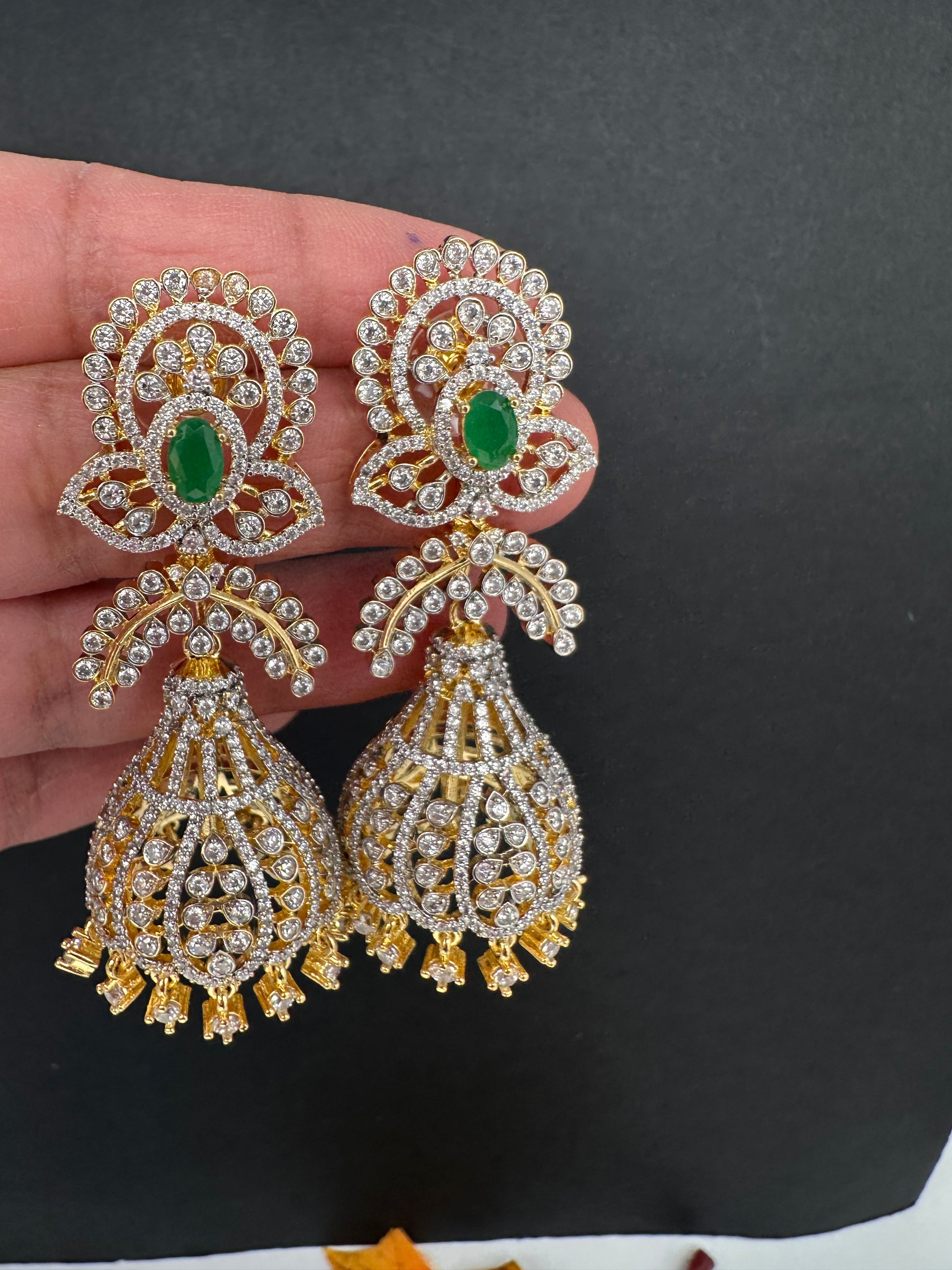 AD Color Stone Jhumka Statement Earrings - Green