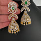 AD Color Stone Jhumka Statement Earrings - Green