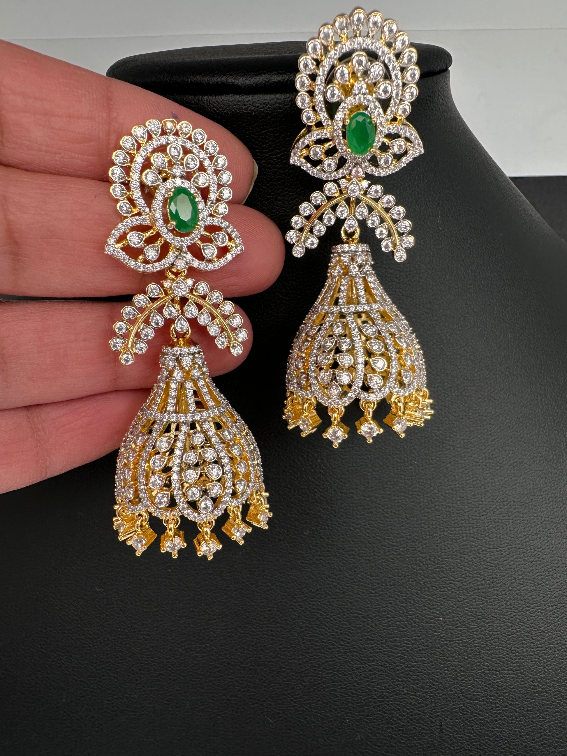 AD Color Stone Jhumka Statement Earrings - Green