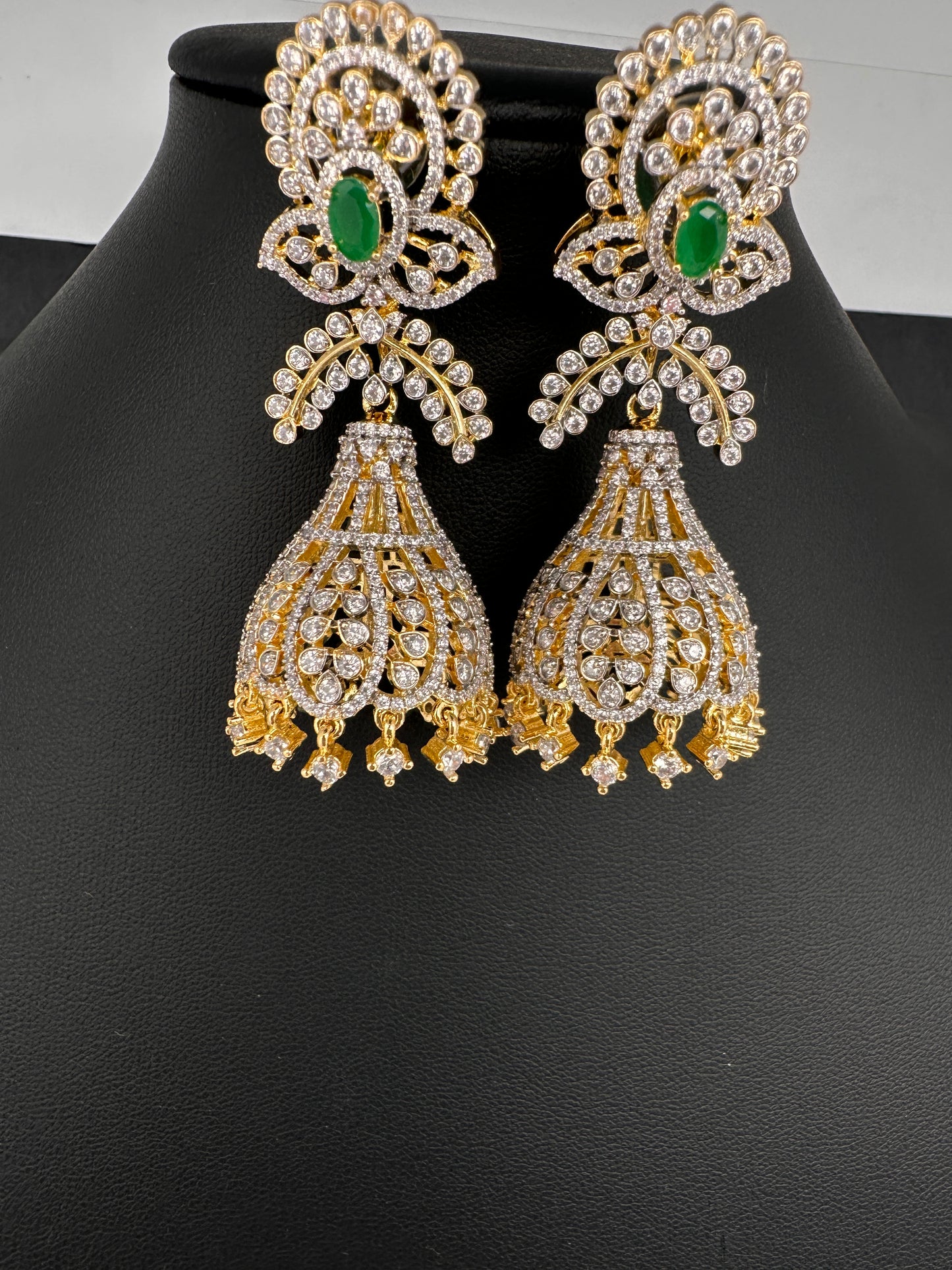 AD Color Stone Jhumka Statement Earrings - Green