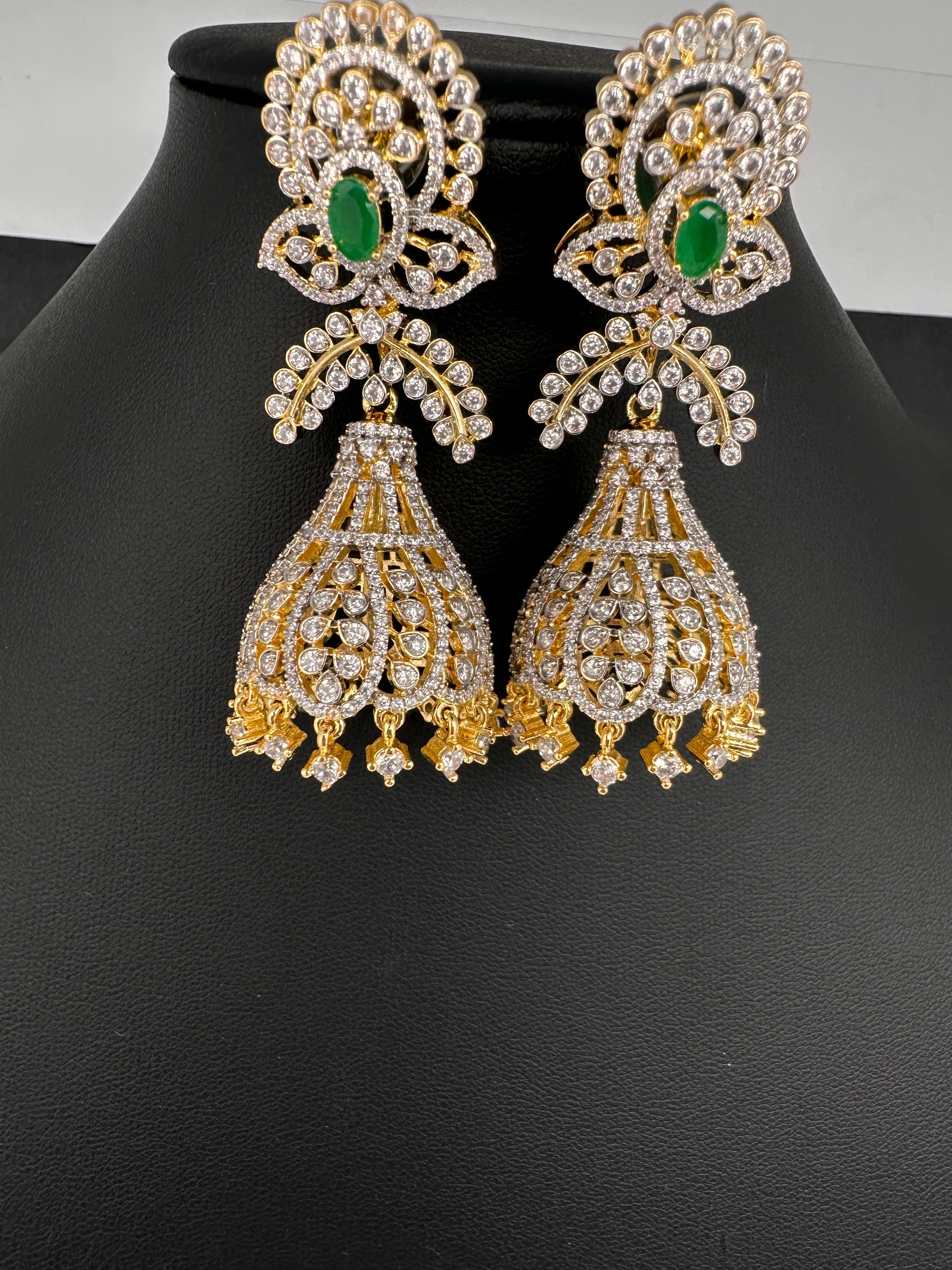 AD Color Stone Jhumka Statement Earrings - Green