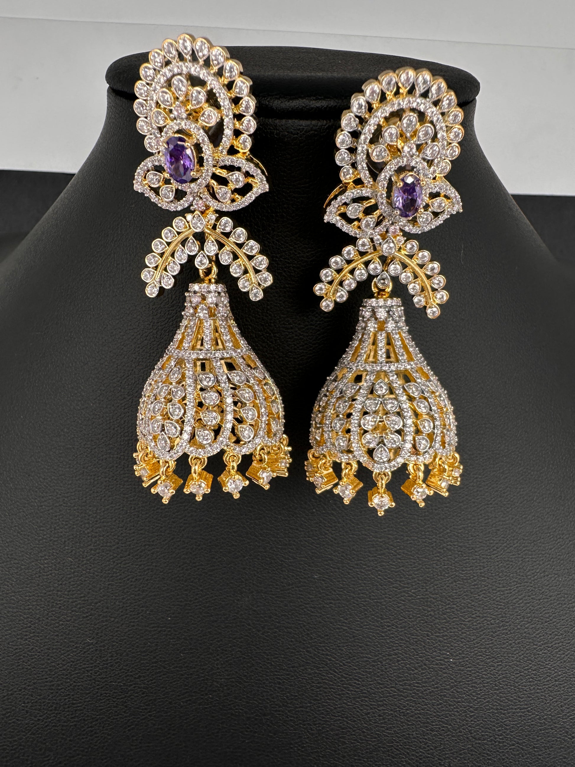 AD Color Stone Jhumka Statement Earrings - Purple