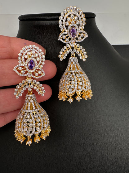 AD Color Stone Jhumka Statement Earrings - Purple