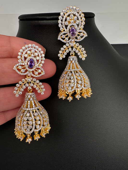 AD Color Stone Jhumka Statement Earrings - Purple