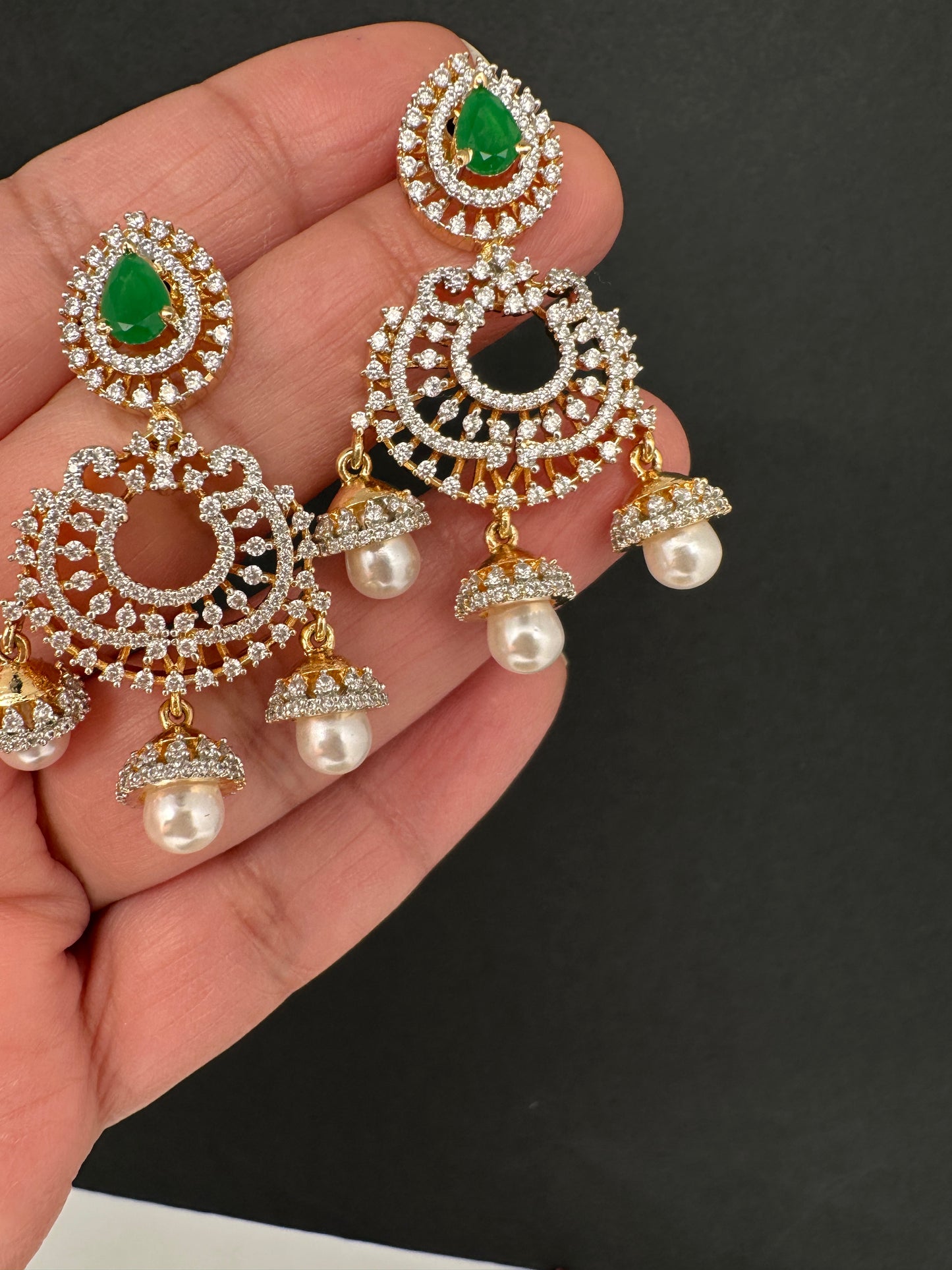 AD Color Stone Small Chandbali Earrings - Green