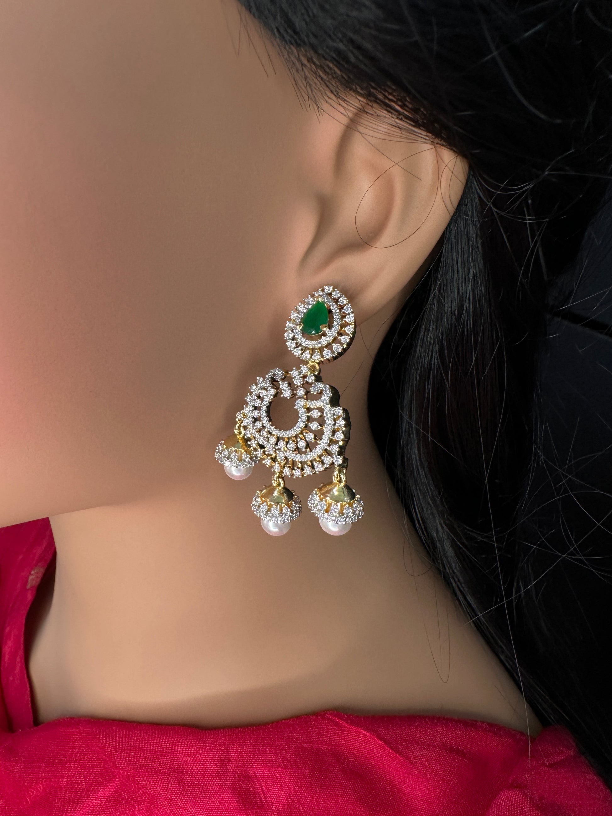 AD Color Stone Small Chandbali Earrings - Green