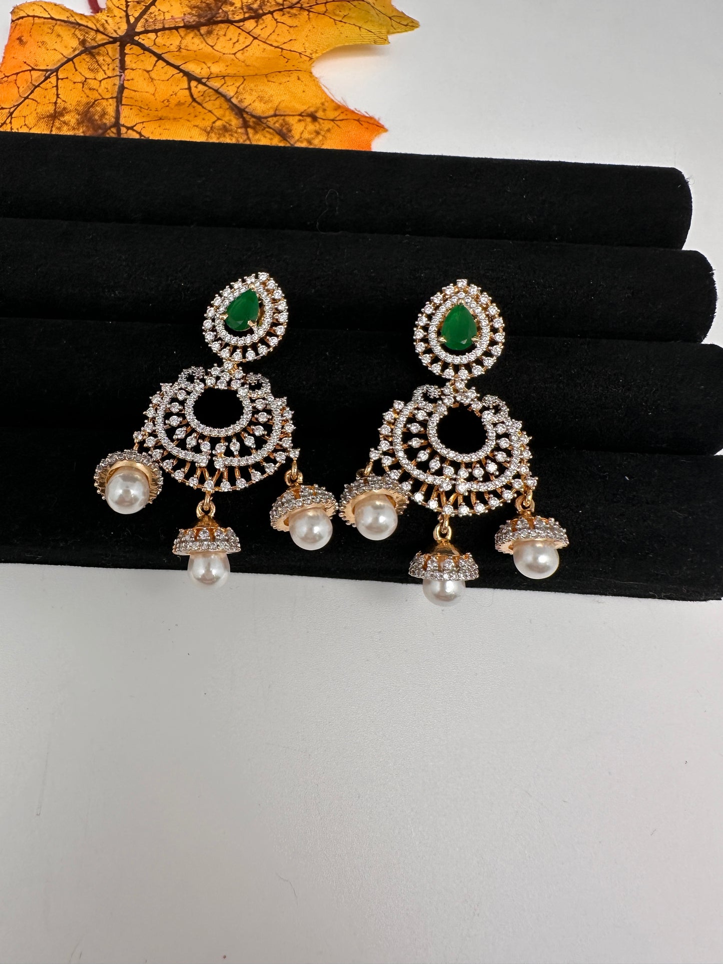 AD Color Stone Small Chandbali Earrings - Green