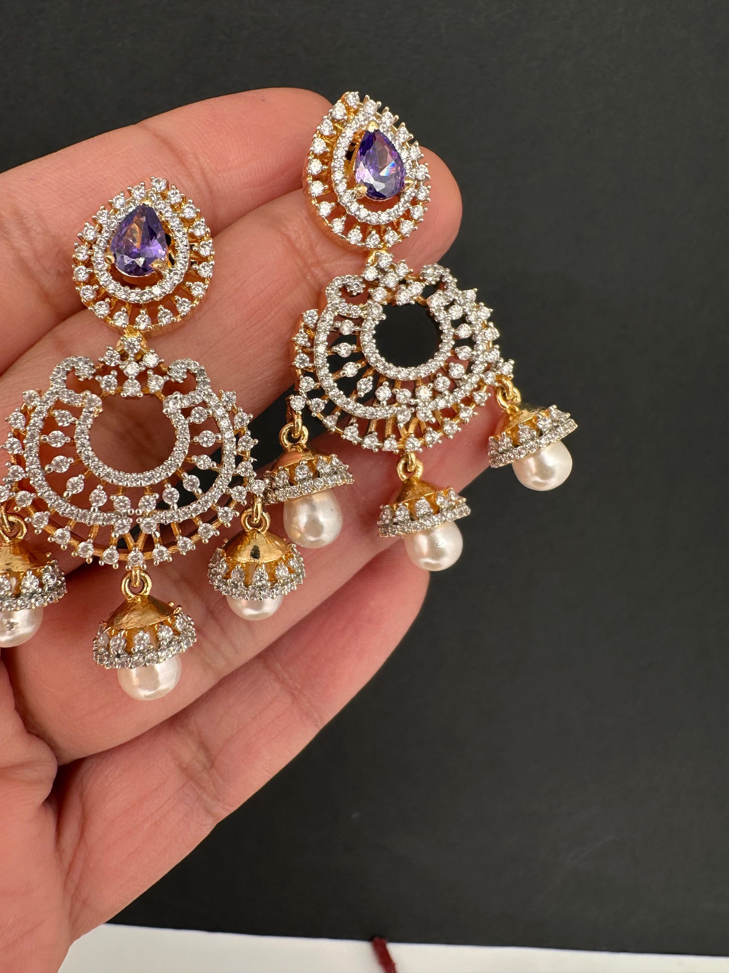 AD Color Stone Small Chandbali Earrings - Purple