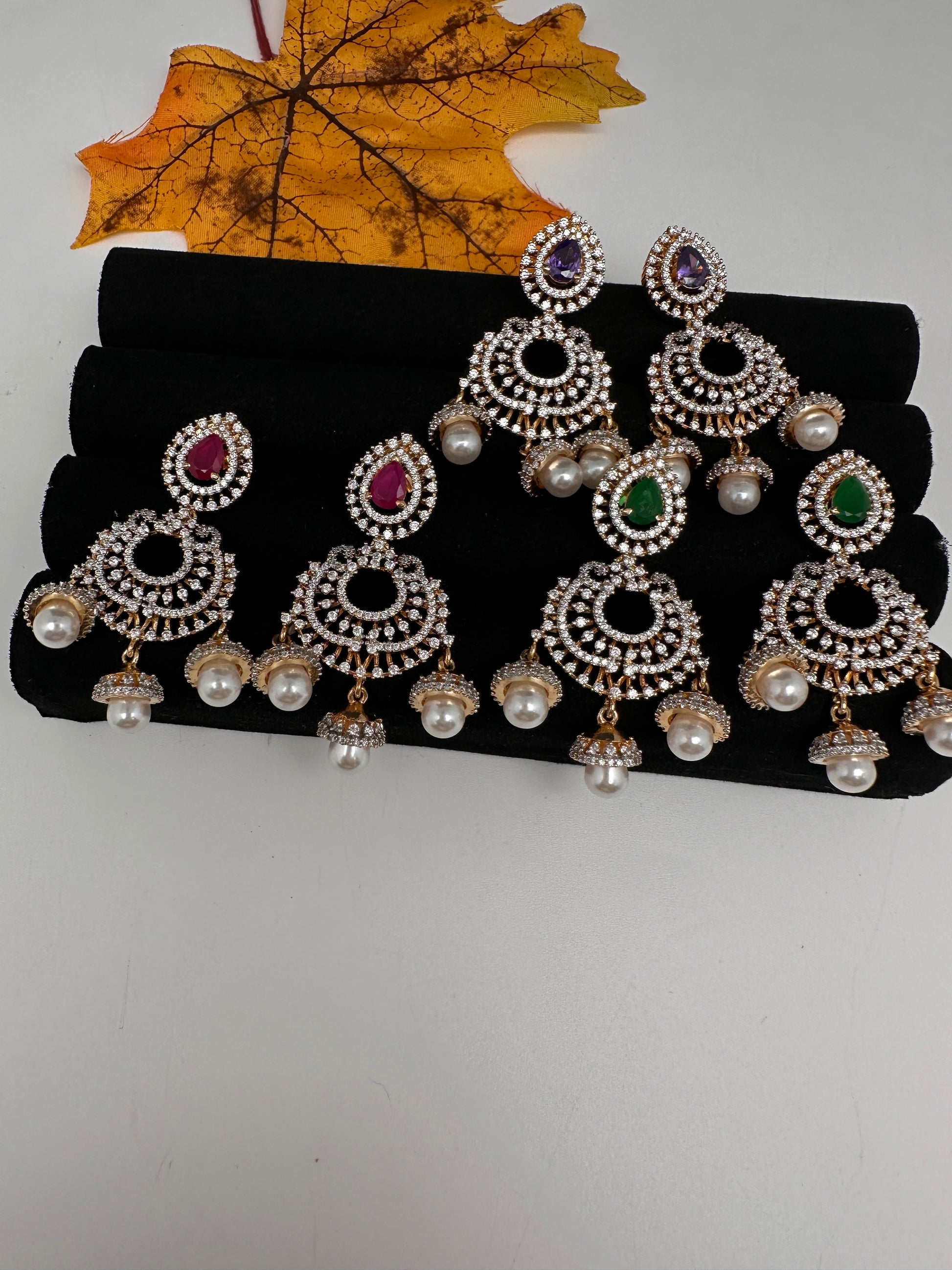 AD Color Stone Small Chandbali Earrings - Purple