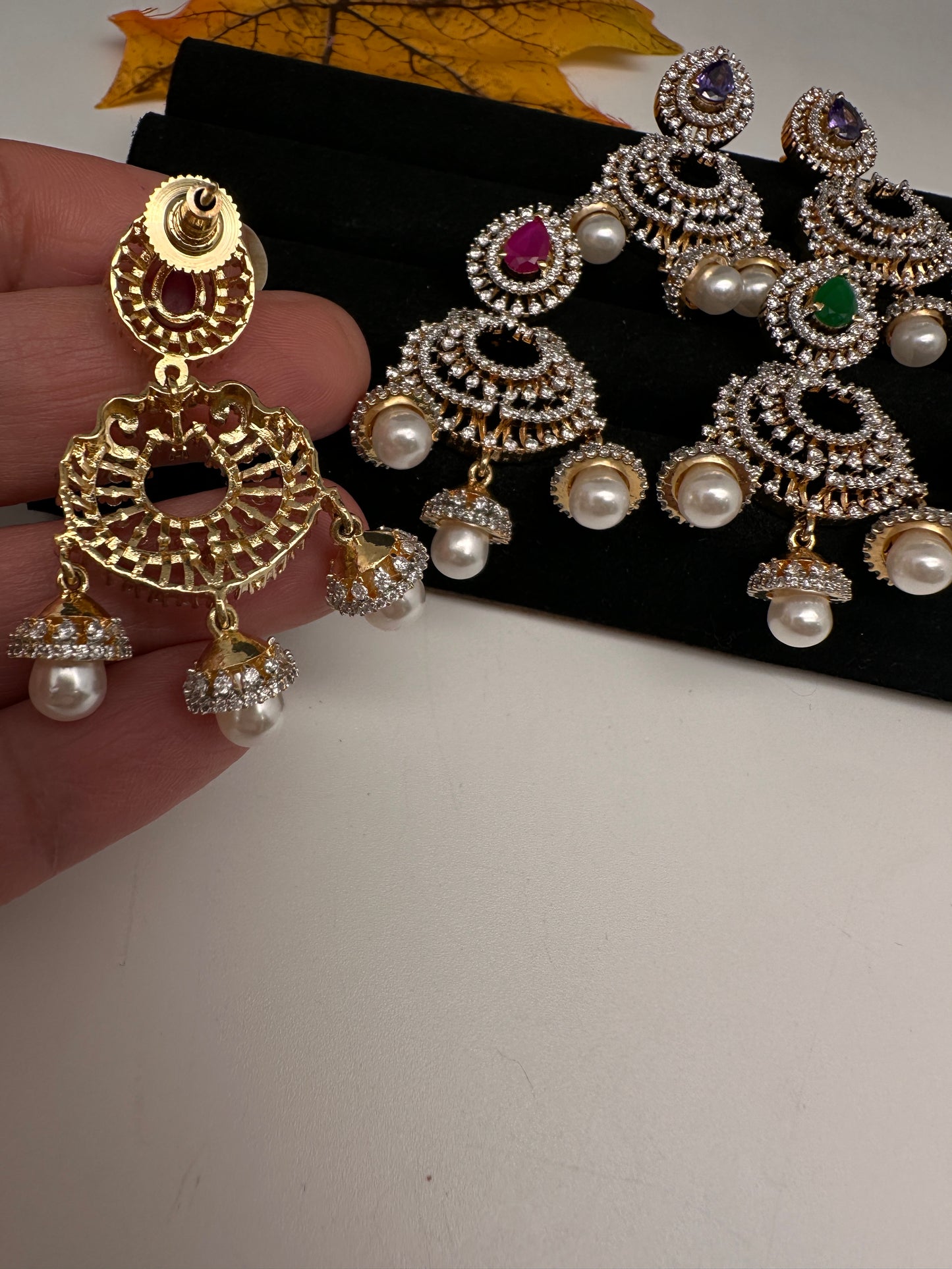 AD Color Stone Small Chandbali Earrings - Purple