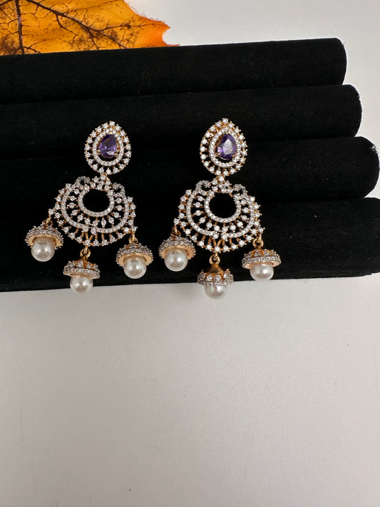 AD Color Stone Small Chandbali Earrings - Purple