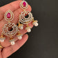 AD Color Stone Small Chandbali Earrings - Red