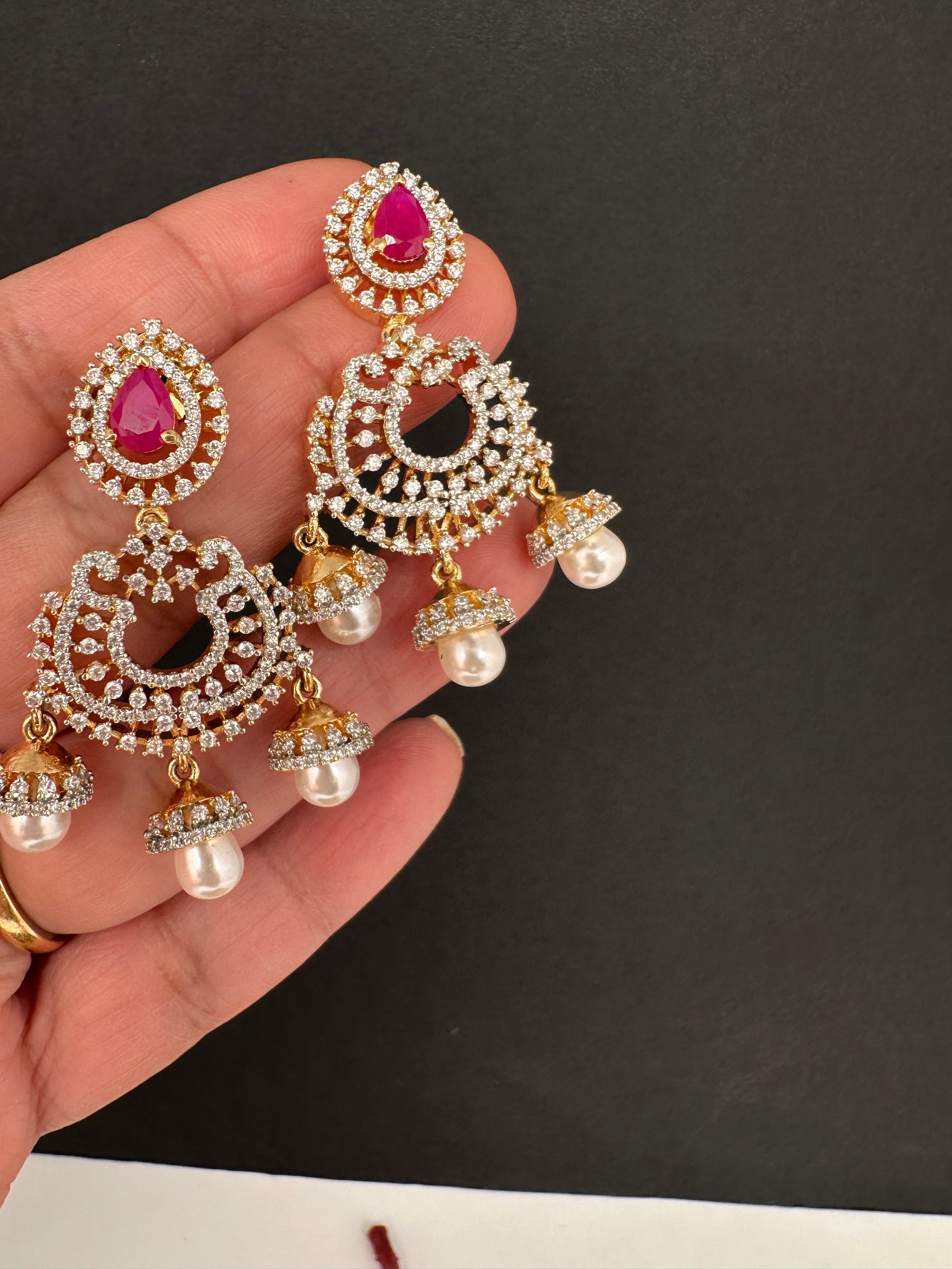 AD Color Stone Small Chandbali Earrings - Red