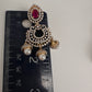 AD Color Stone Small Chandbali Earrings - Red