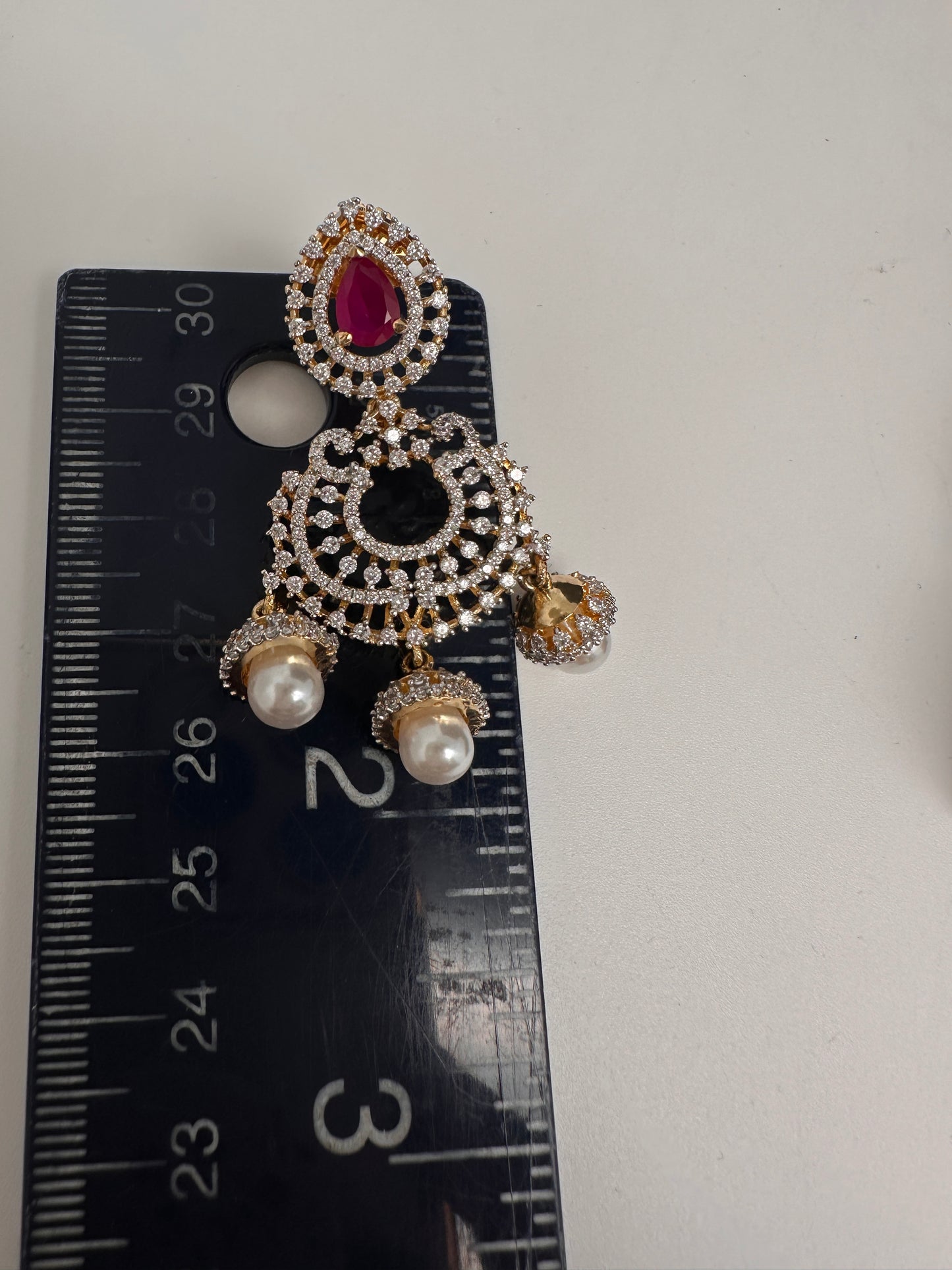 AD Color Stone Small Chandbali Earrings - Red