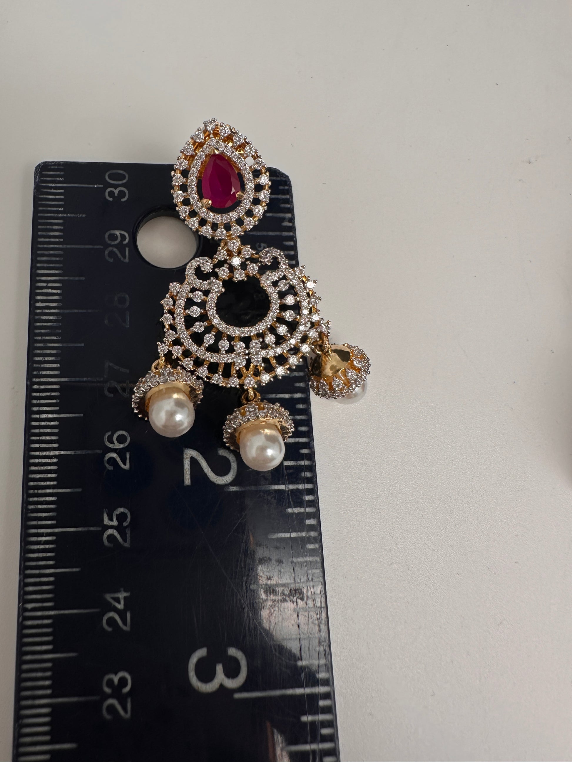 AD Color Stone Small Chandbali Earrings - Red