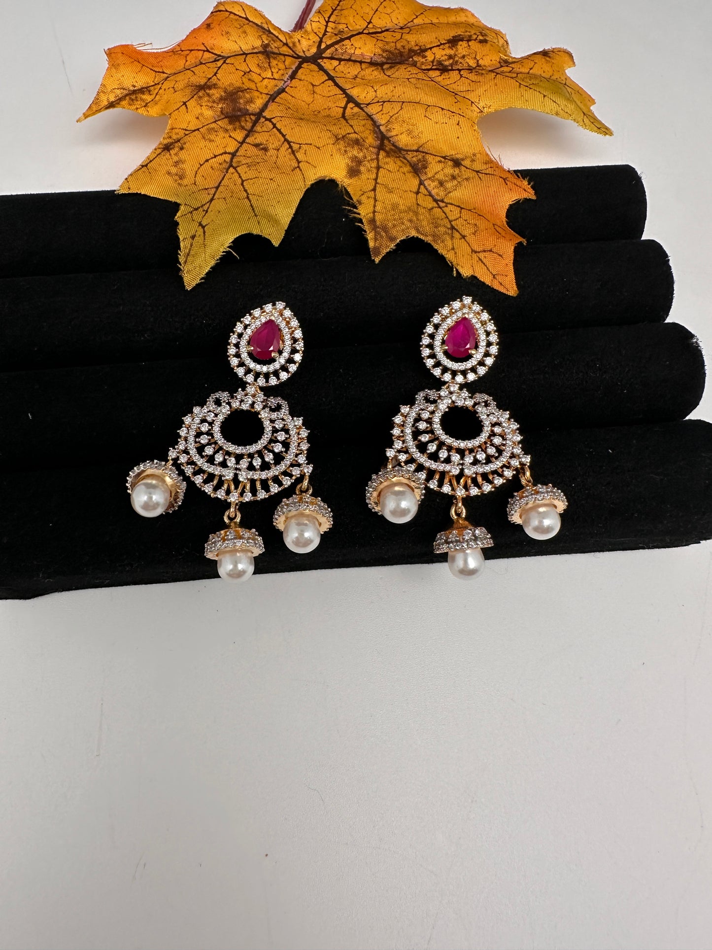 AD Color Stone Small Chandbali Earrings - Red
