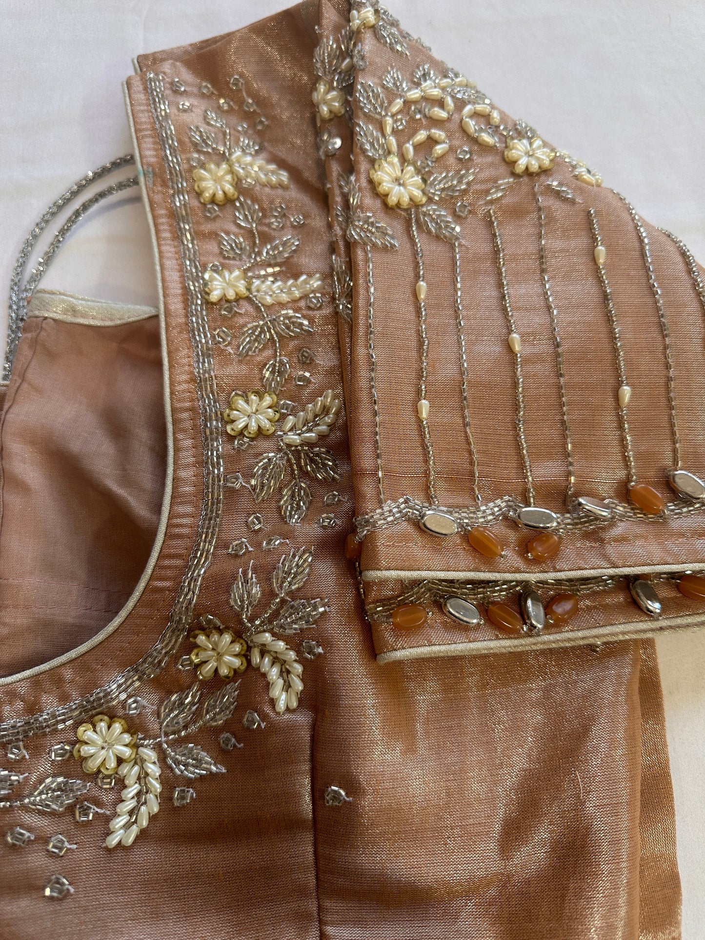 Brown Tissue Silver Maggam work blouse