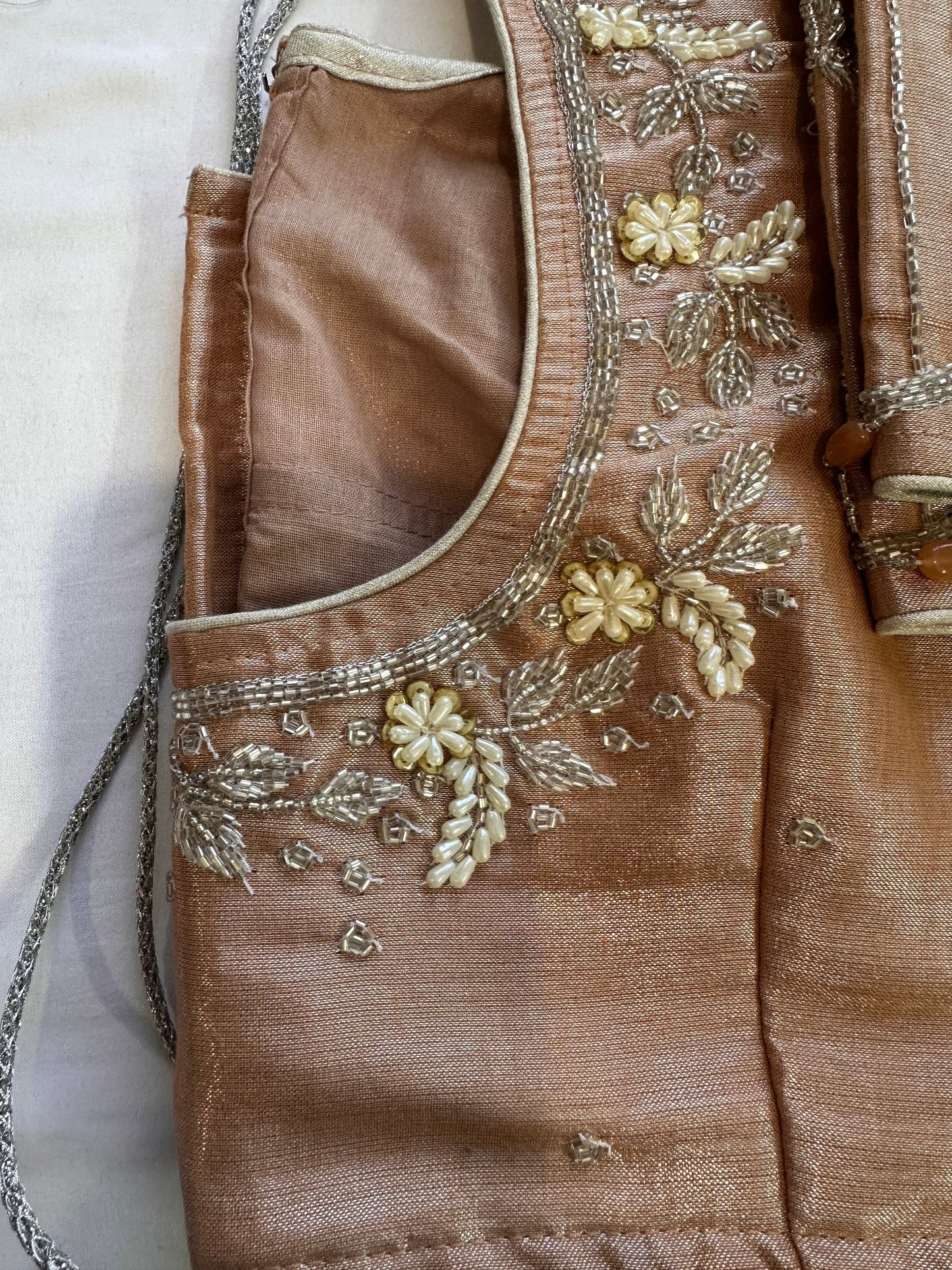 Brown Tissue Silver Maggam work blouse