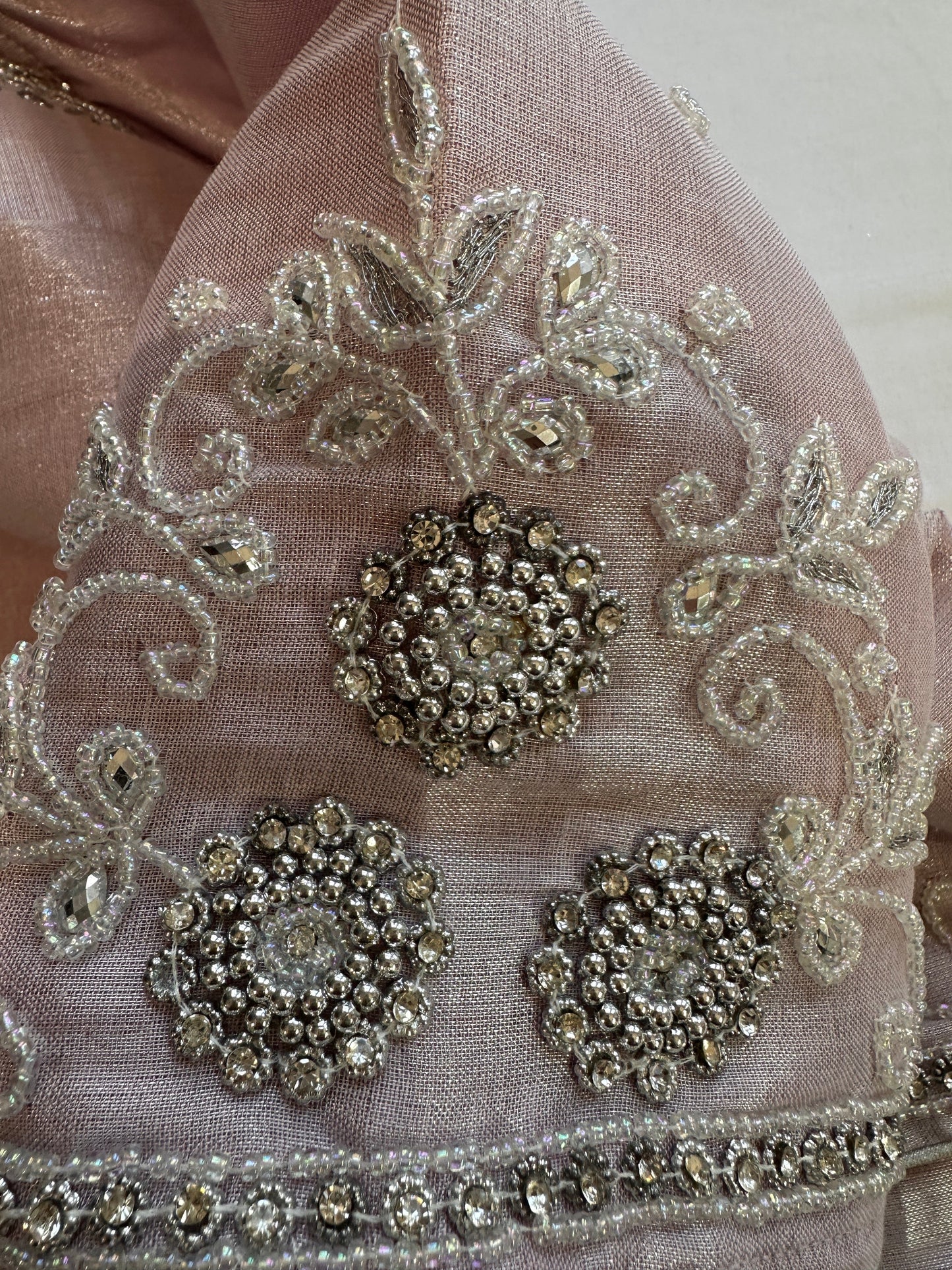 Light Pink Silver Maggam work blouse