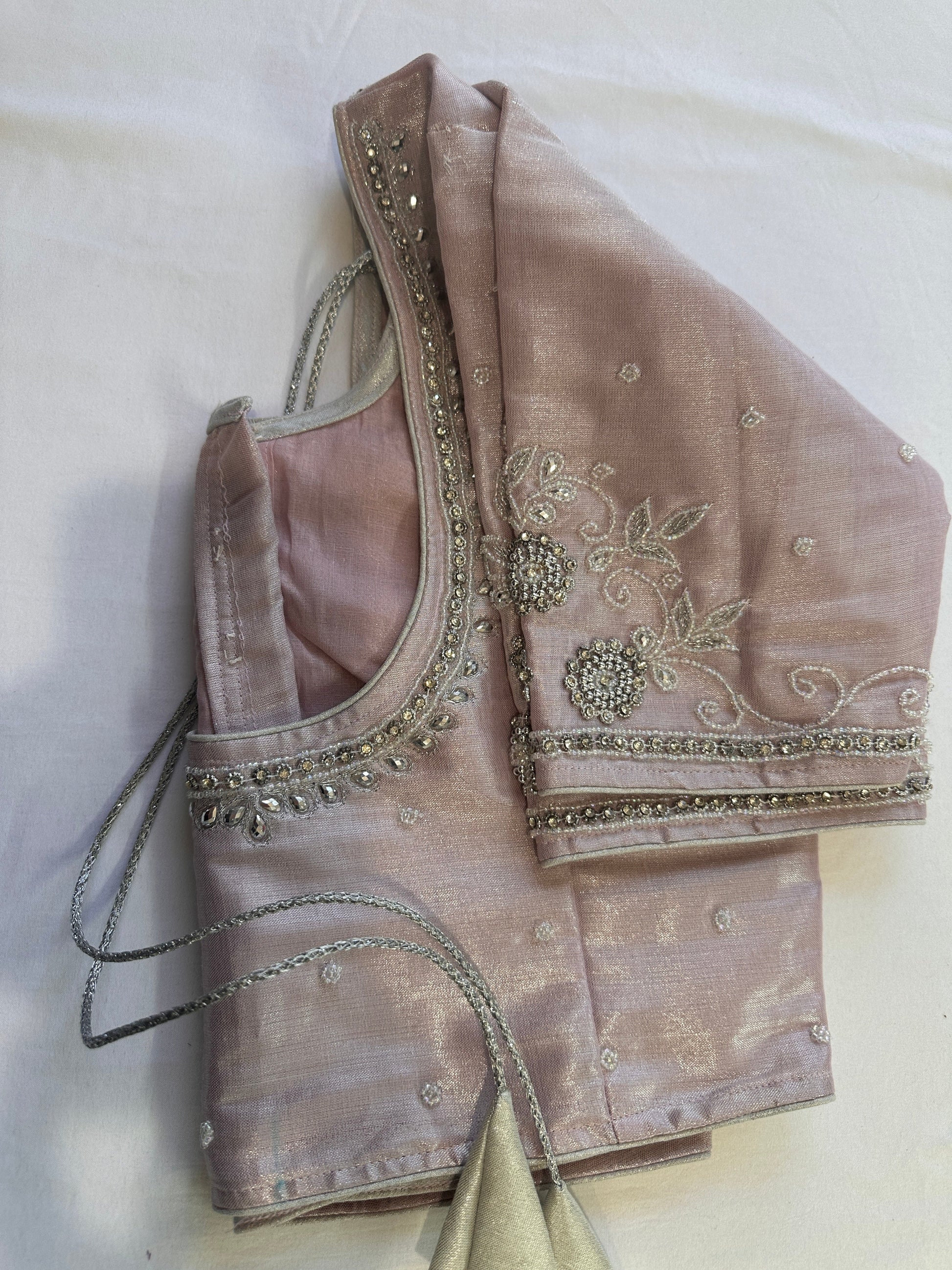 Light Pink Silver Maggam work blouse