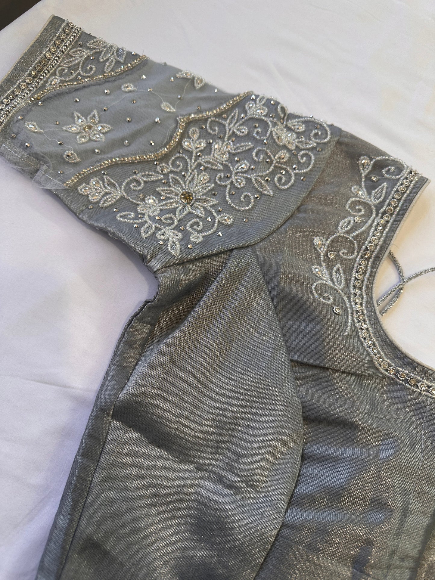 Ash Grey Silver Maggam work blouse