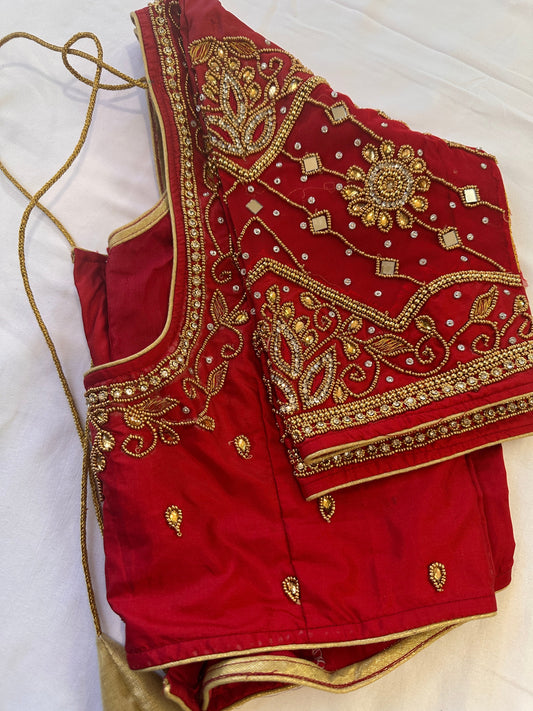 Marron Red Golden Maggam work blouse