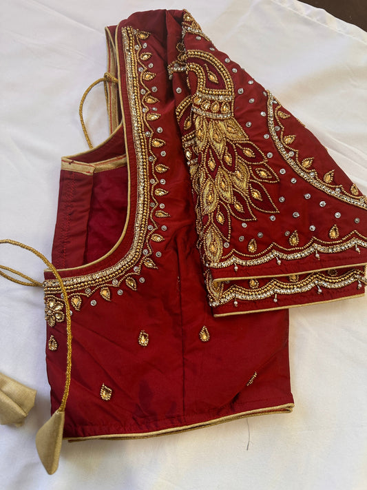 Red Peacock Maggam work blouse