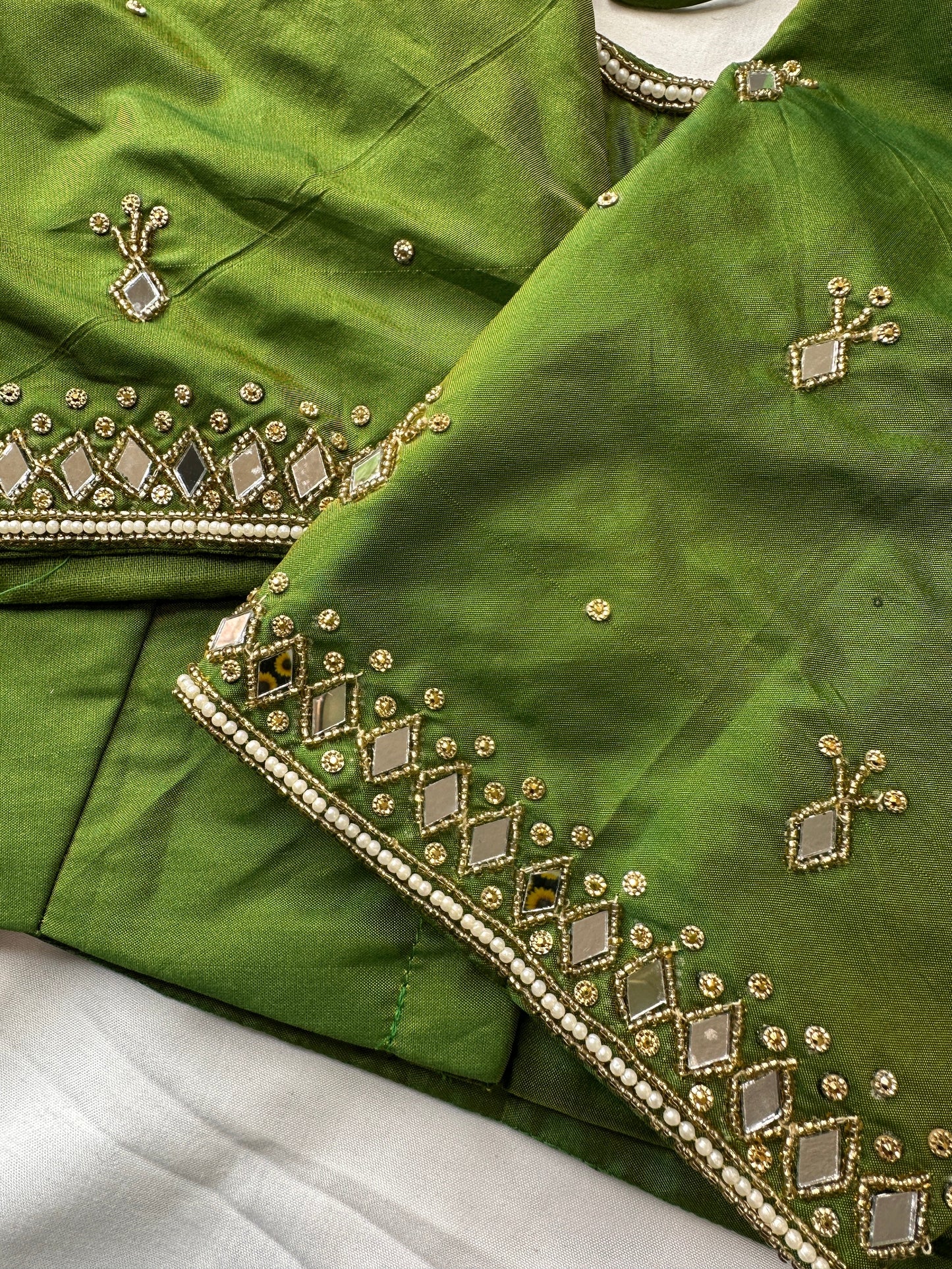 Green Silk Blouse with mirror and aari work