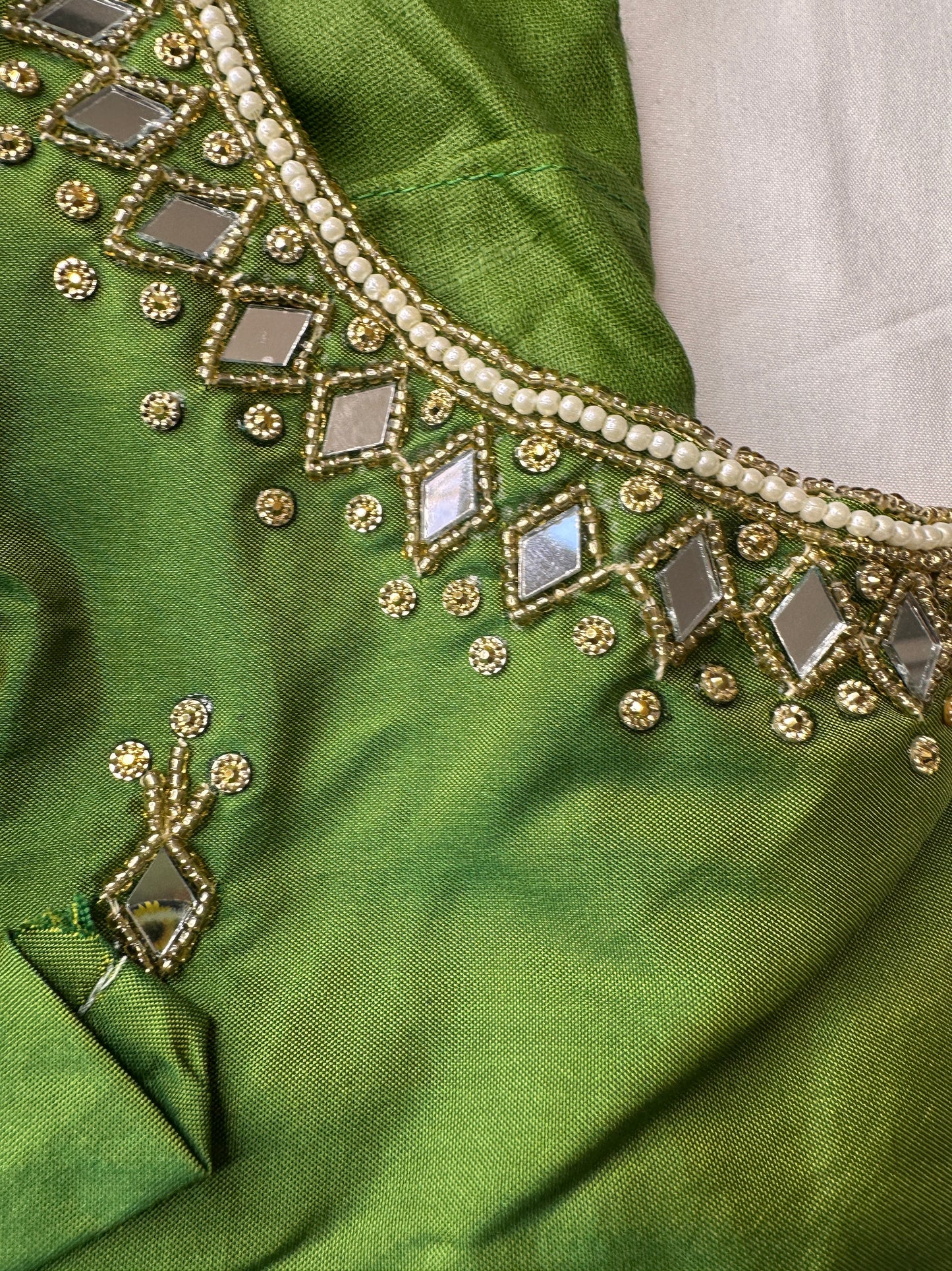 Green Silk Blouse with mirror and aari work