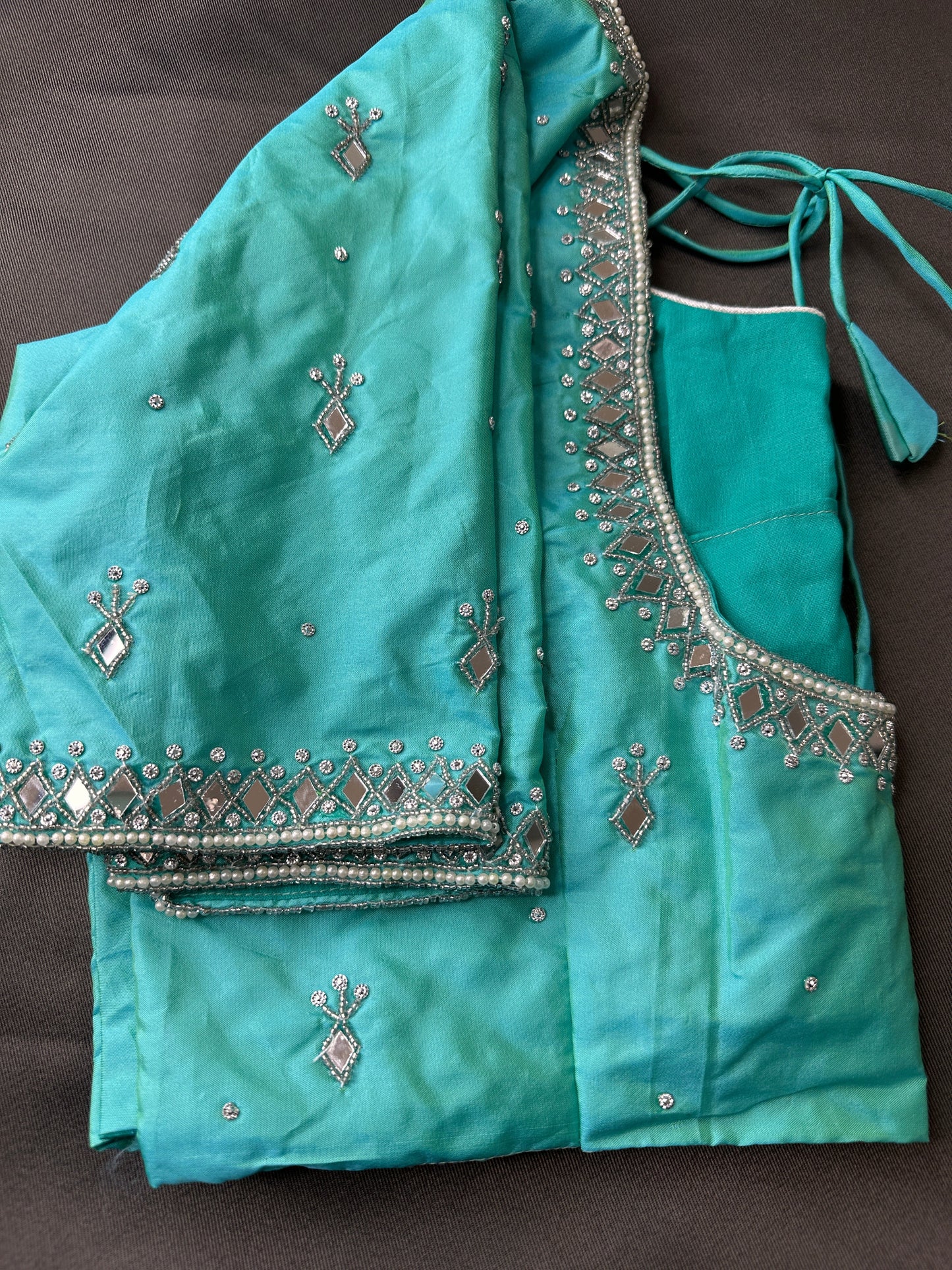 Aqua Blue Silk Blouse with mirror and aari work