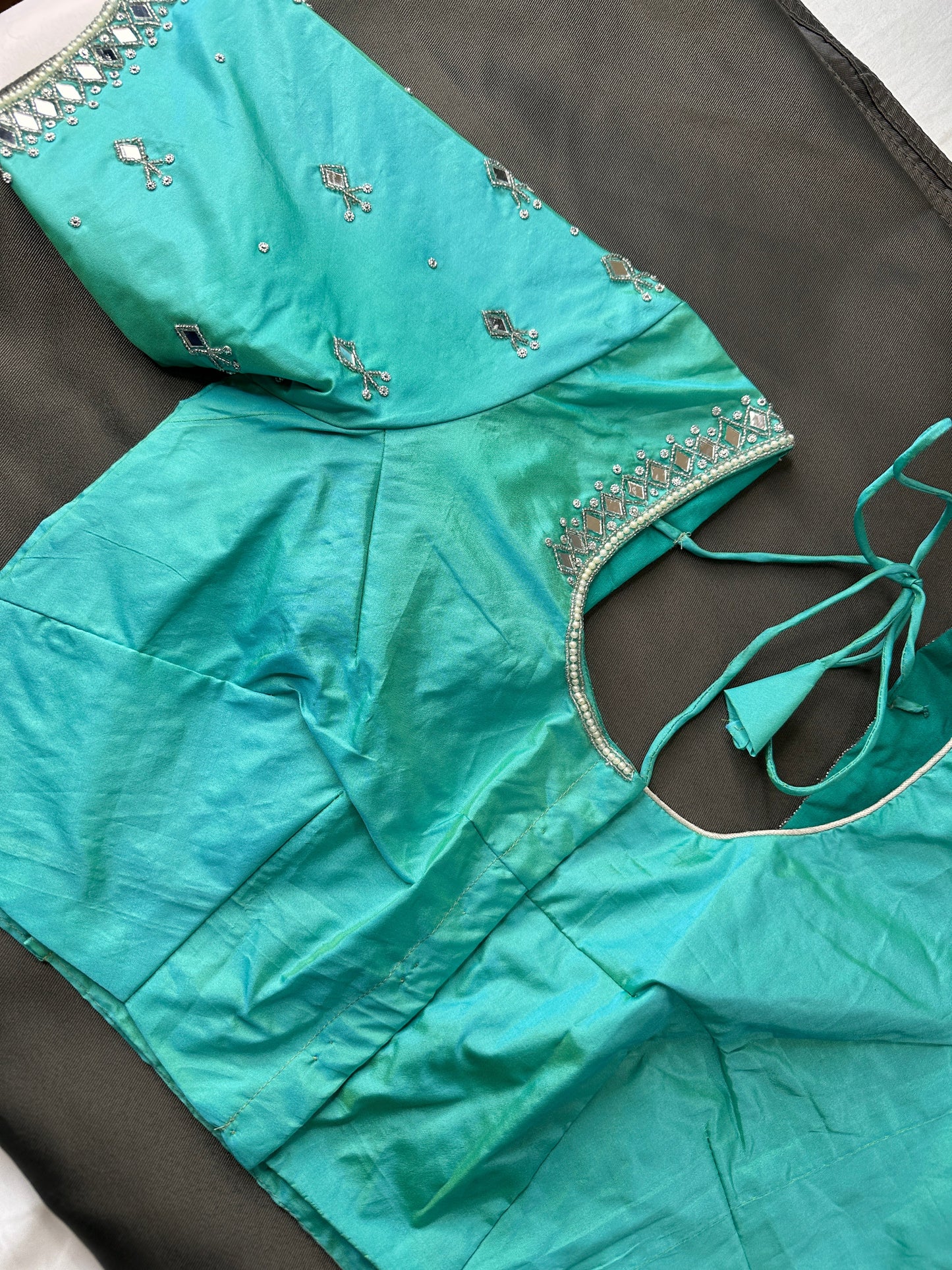 Aqua Blue Silk Blouse with mirror and aari work