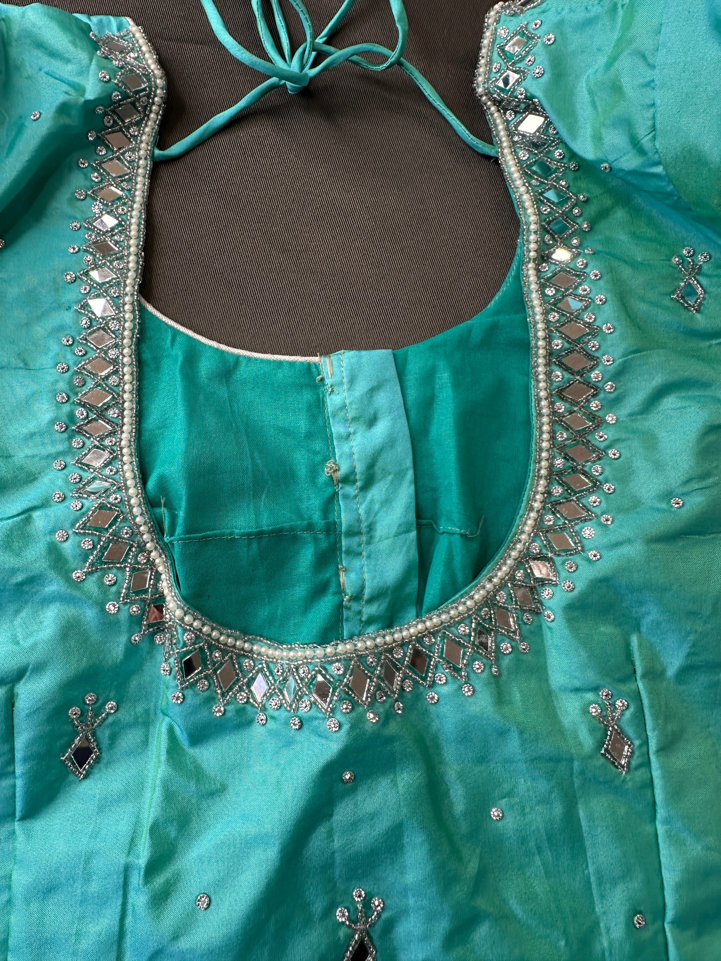 Aqua Blue Silk Blouse with mirror and aari work