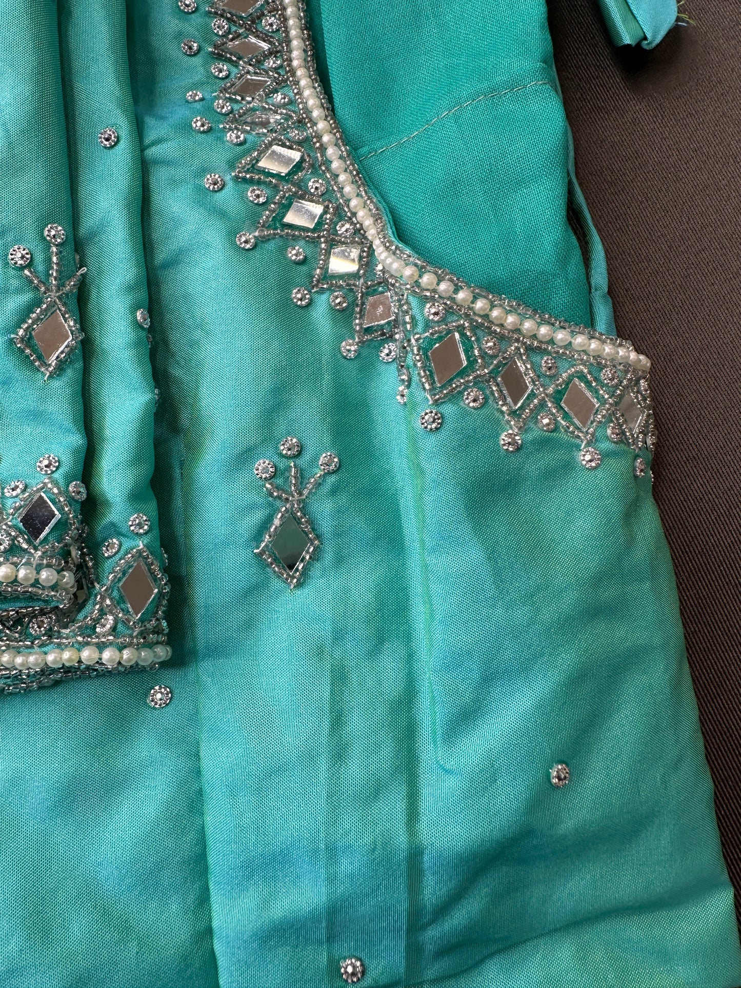 Aqua Blue Silk Blouse with mirror and aari work