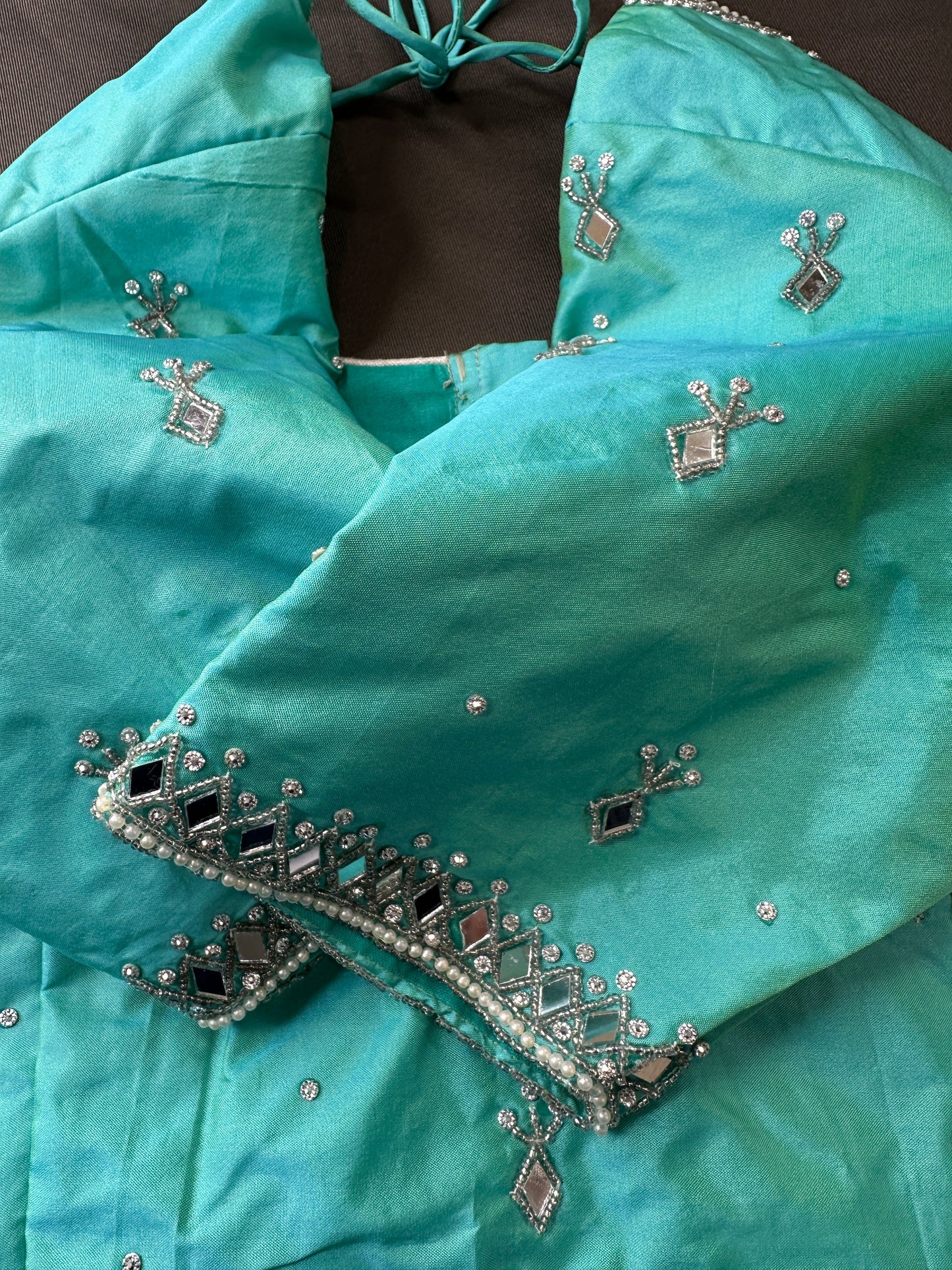 Aqua Blue Silk Blouse with mirror and aari work