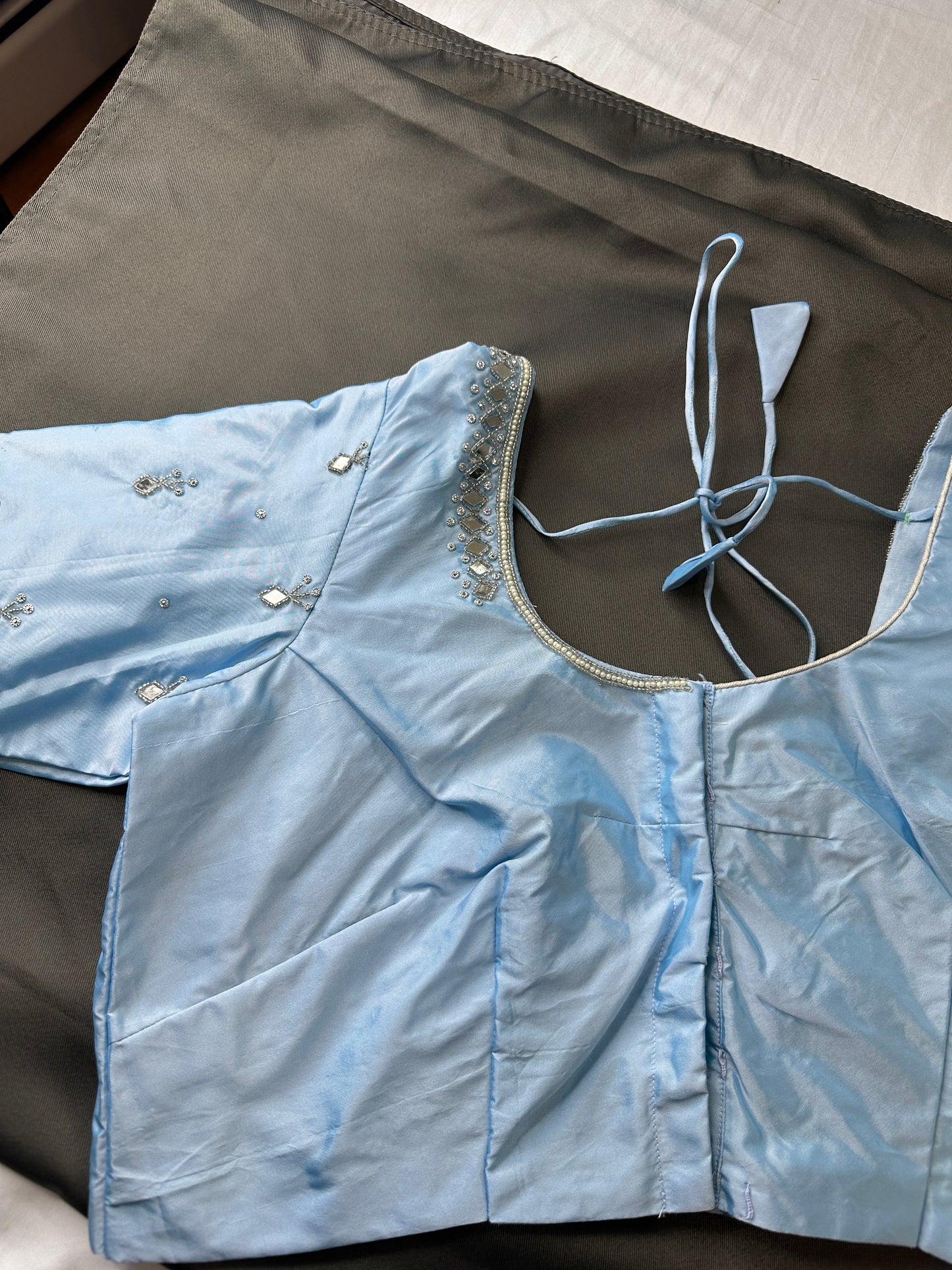 Blue Silk Blouse with mirror and aari work